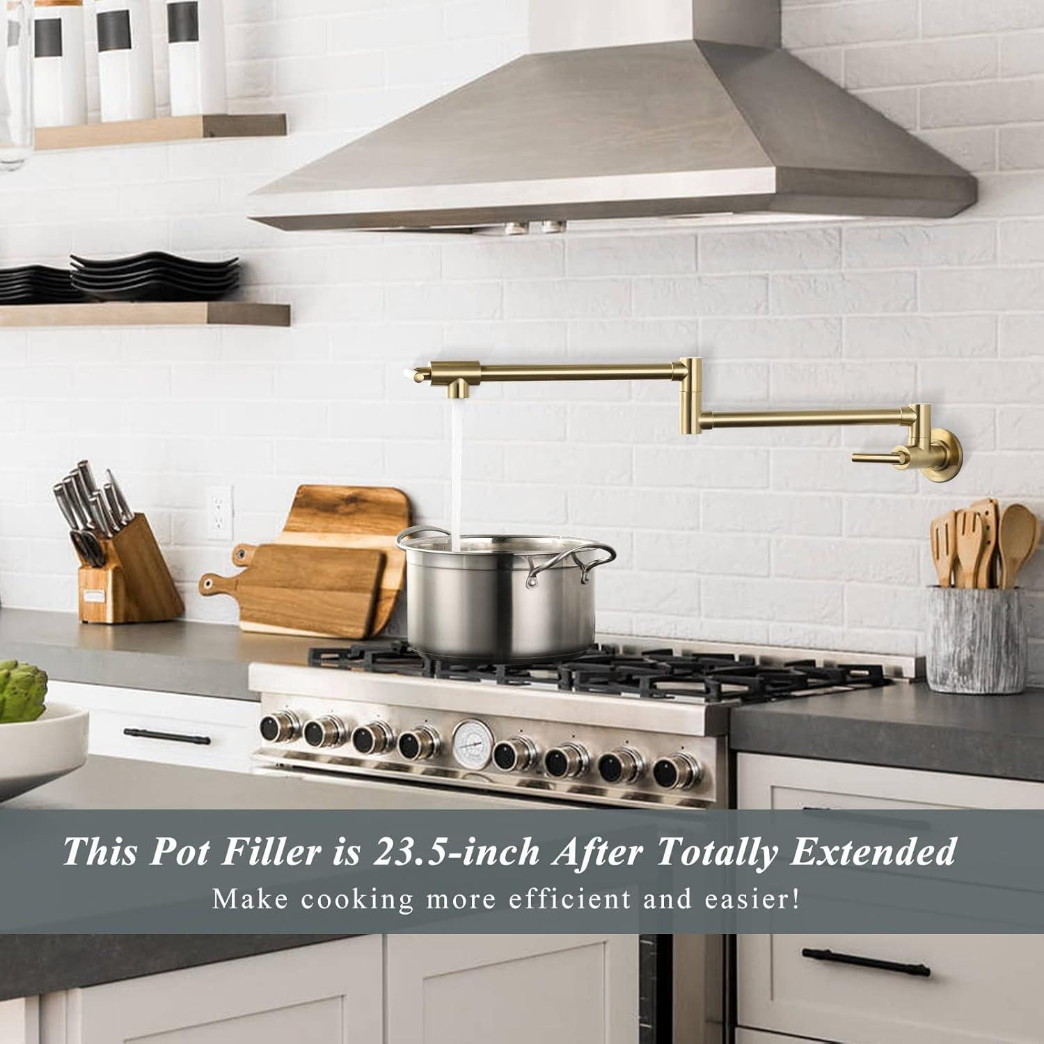 Brushed Gold Wall-Mount Dual Handle Pot Filler Faucet