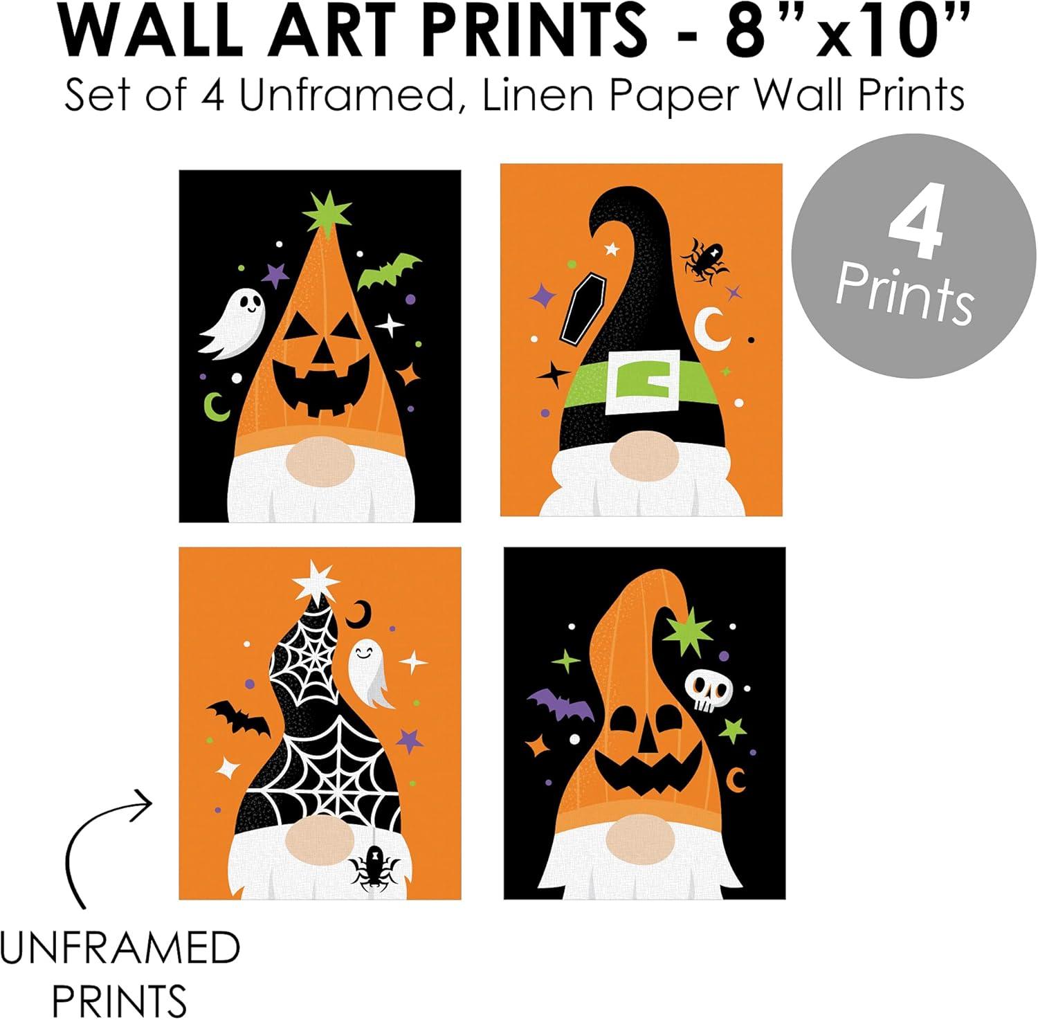 Big Dot of Happiness Halloween Gnomes - Unframed Spooky Fall Linen Paper Wall Art - Set of 4 - Artisms - 8 x 10 inches