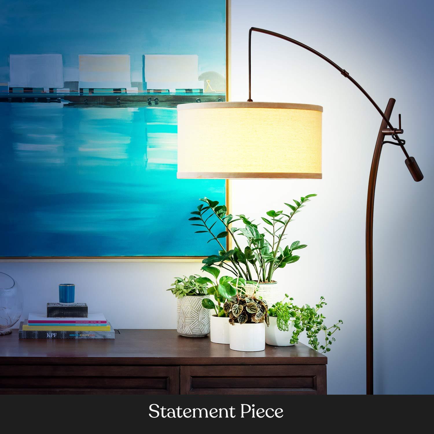 Brightech Grayson 84" Mid-Century Modern Height-Adjustable LED Arc Floor Lamp with Bronze Finish and Beige Cotton Fabric Drum Shade, Bulb Included