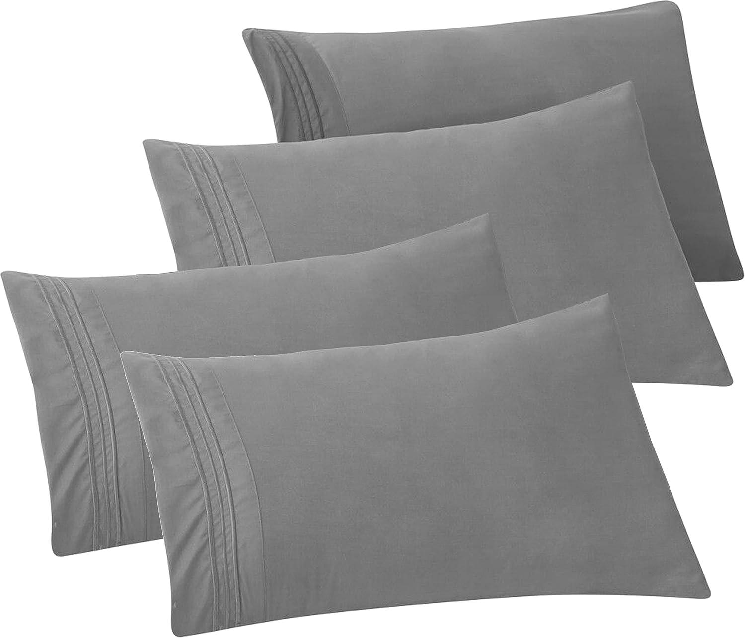 Elegant Comfort 4-PACK Solid Pillowcases 1500 Premium Hotel Quality Microfiber - Smooth Weave, Wrinkle and Stain Resistant, Easy Slip-On, 4-Piece Set, Standard/Queen Pillowcase, Gray