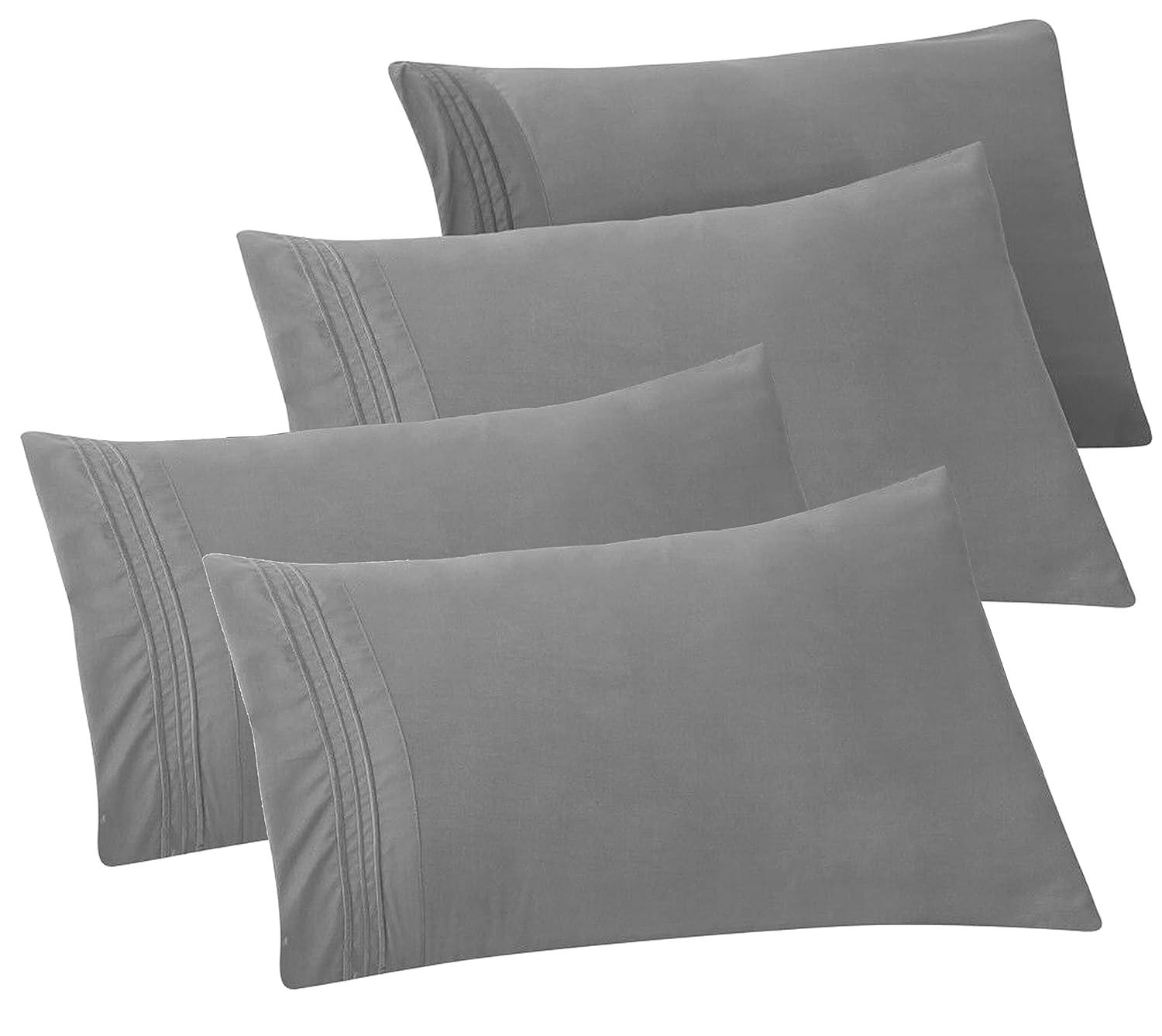 Elegant Comfort 4-PACK Solid Pillowcases 1500 Premium Hotel Quality Microfiber - Smooth Weave, Wrinkle and Stain Resistant, Easy Slip-On, 4-Piece Set, Standard/Queen Pillowcase, Gray