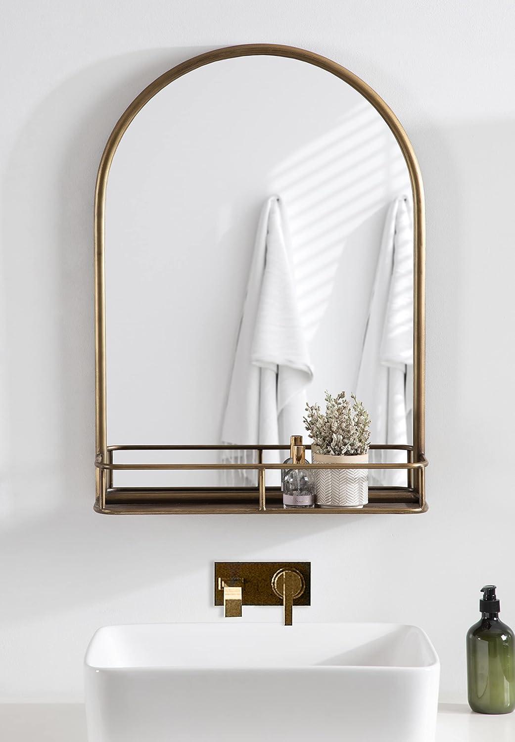 Kate and Laurel Estero Metal Framed Arch Wall Mirror with Shelf, Gold 20x28