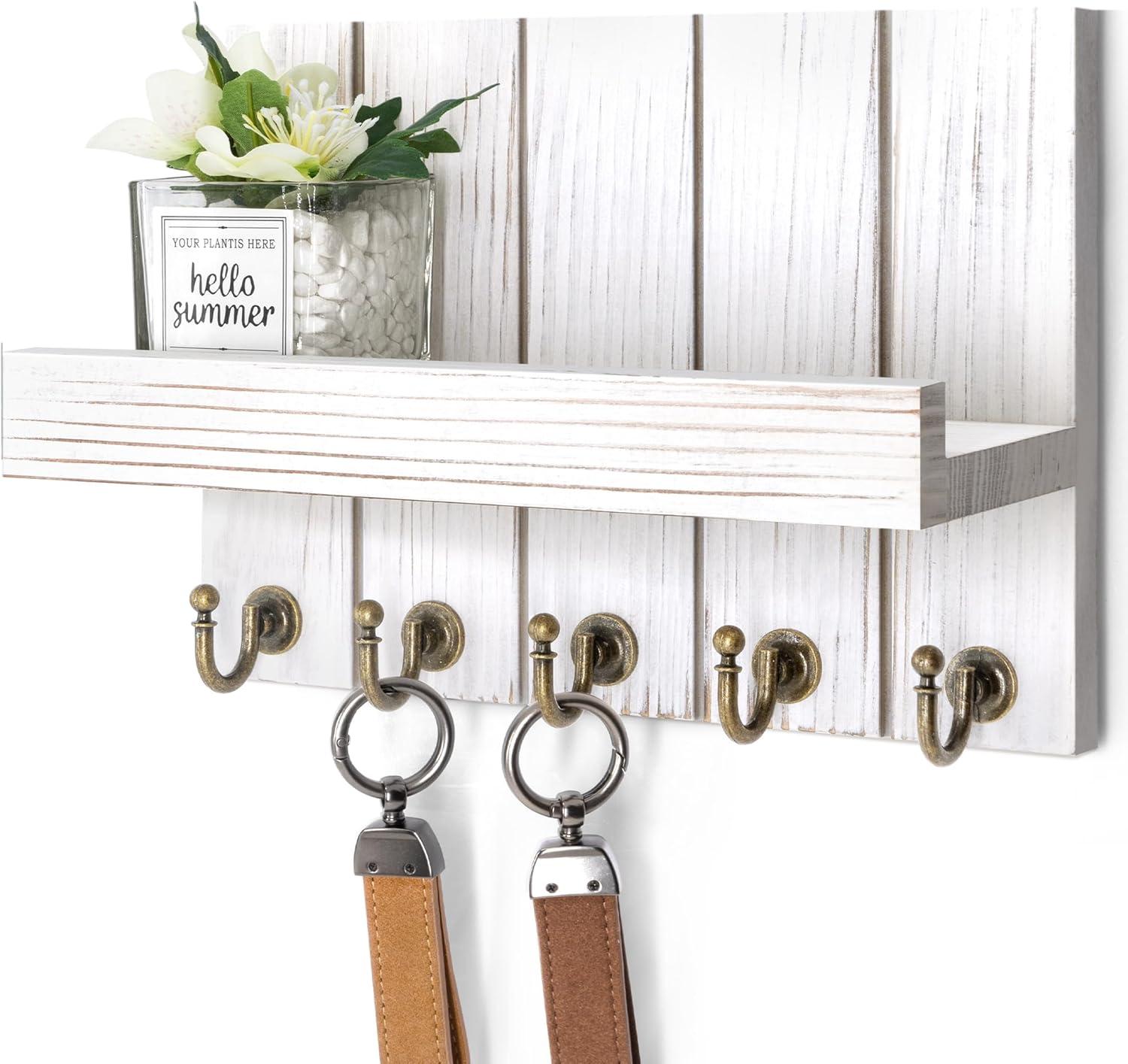 Rebee Vision Key Holder Wall Mount - Decorative Key and Mail Organizer for Wall with Shelf - Entryway and Living Room Decor(White)