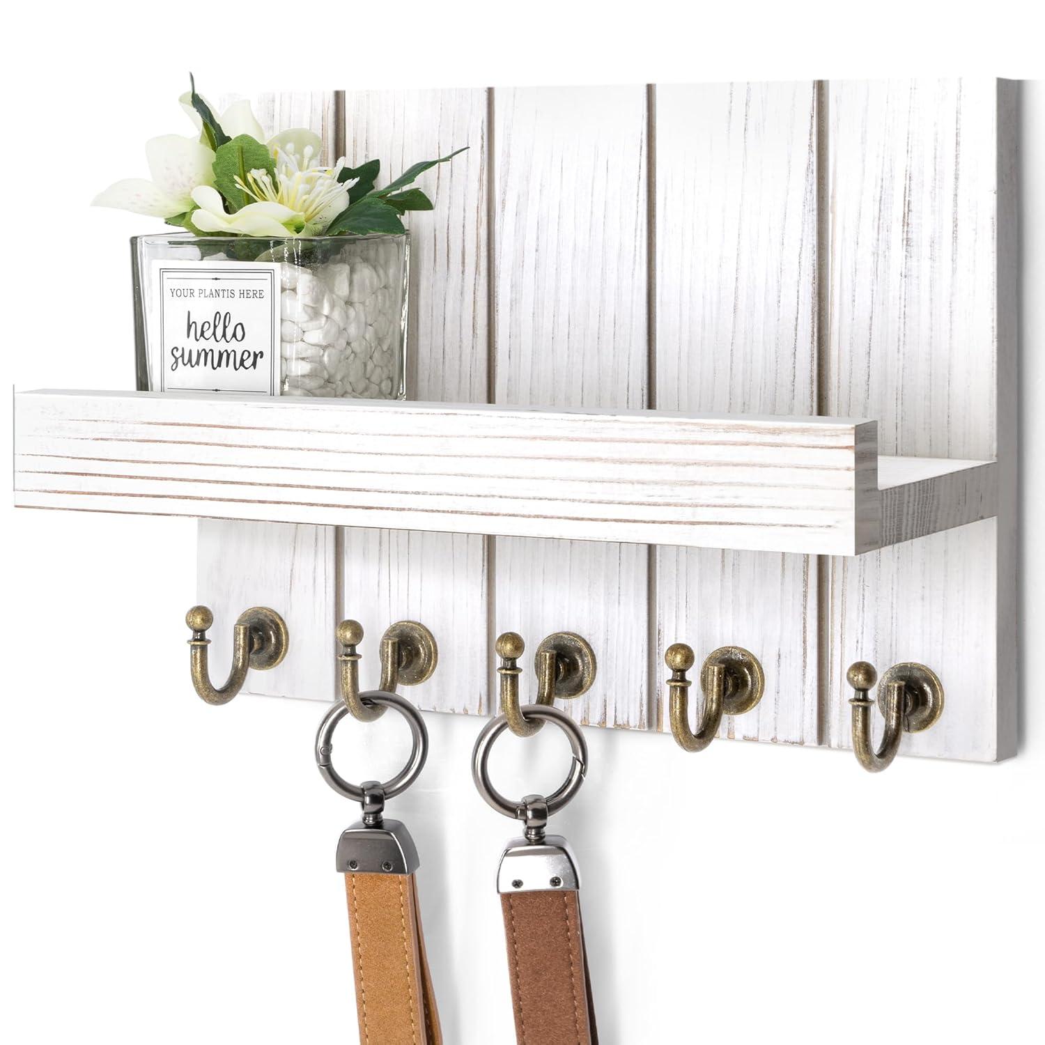 Rebee Vision Key Holder Wall Mount - Decorative Key and Mail Organizer for Wall with Shelf - Entryway and Living Room Decor(White)