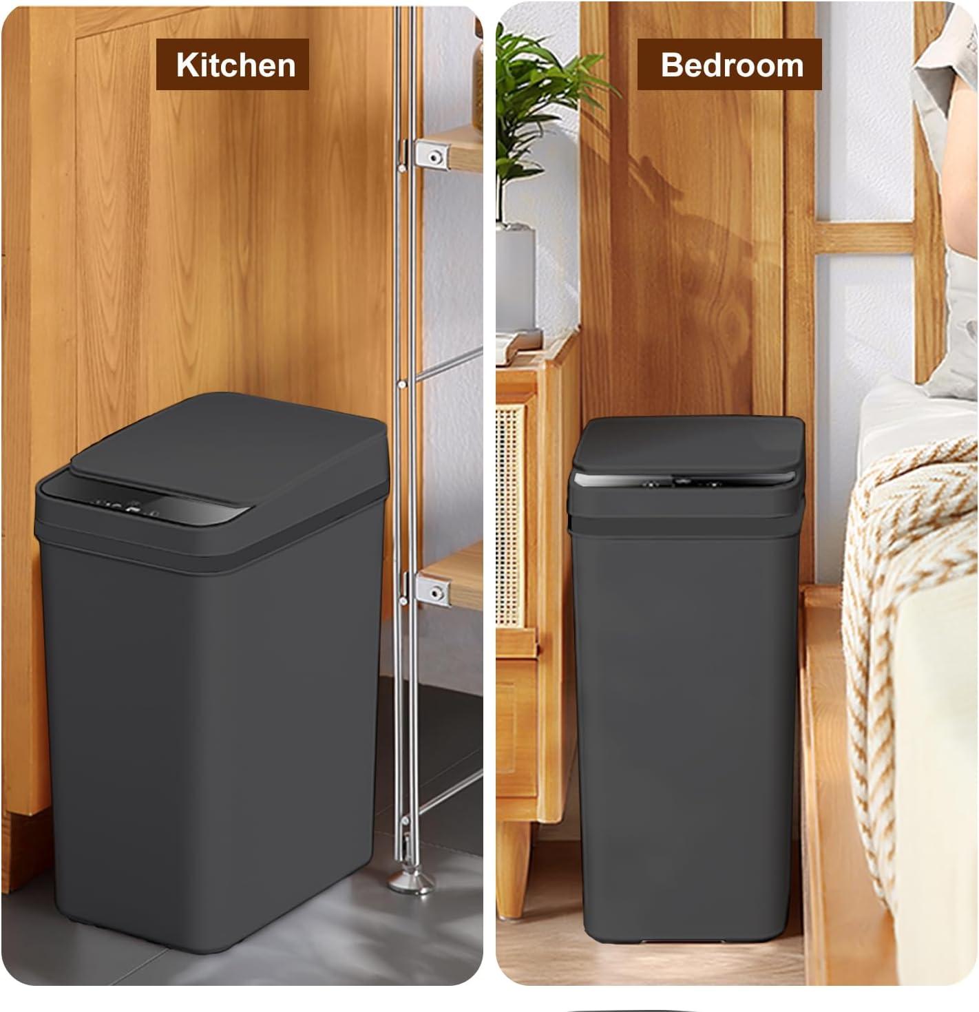 Yatmung 4 Gallons Bathroom Trash Can Automatic Touchless - 15.5 Liters Smart Trash Can Motion Sensor - Narrow, Plastic - Slim Electric Trash Bin - Skinny Garbage Can with Lid (Matte Black)