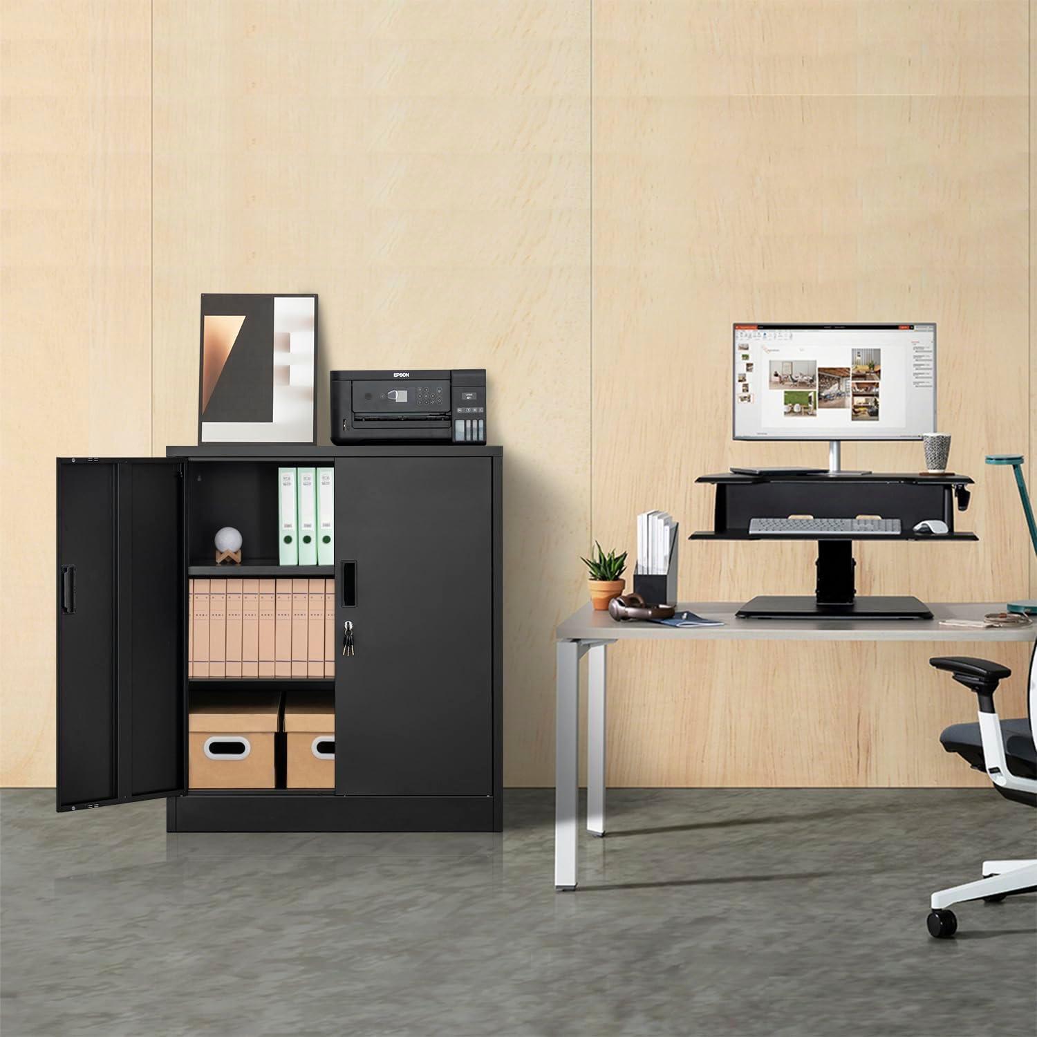 Black 36" Lockable Steel Office Cabinet with Adjustable Shelving