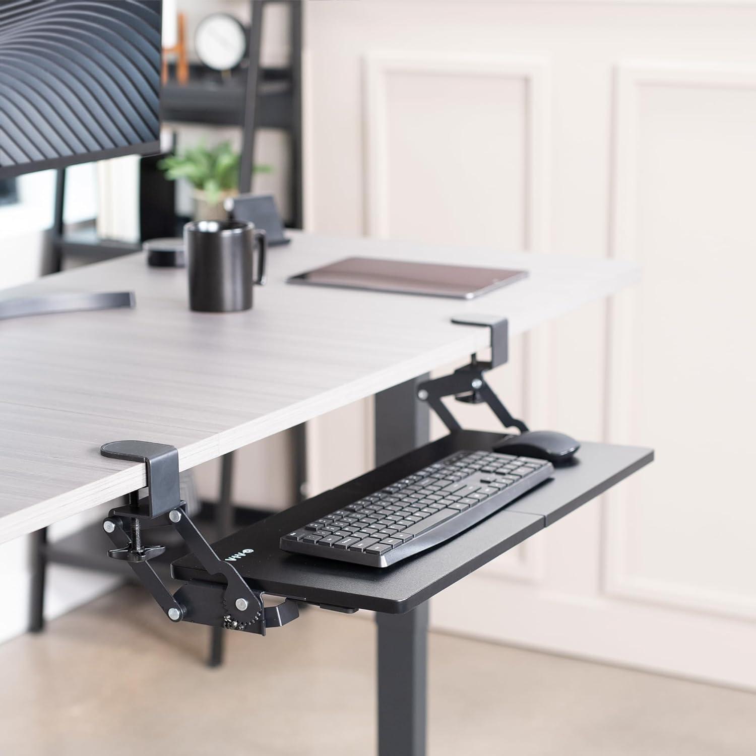 Black Adjustable Clamp-On Keyboard Tray with Swinging Height Adjustment