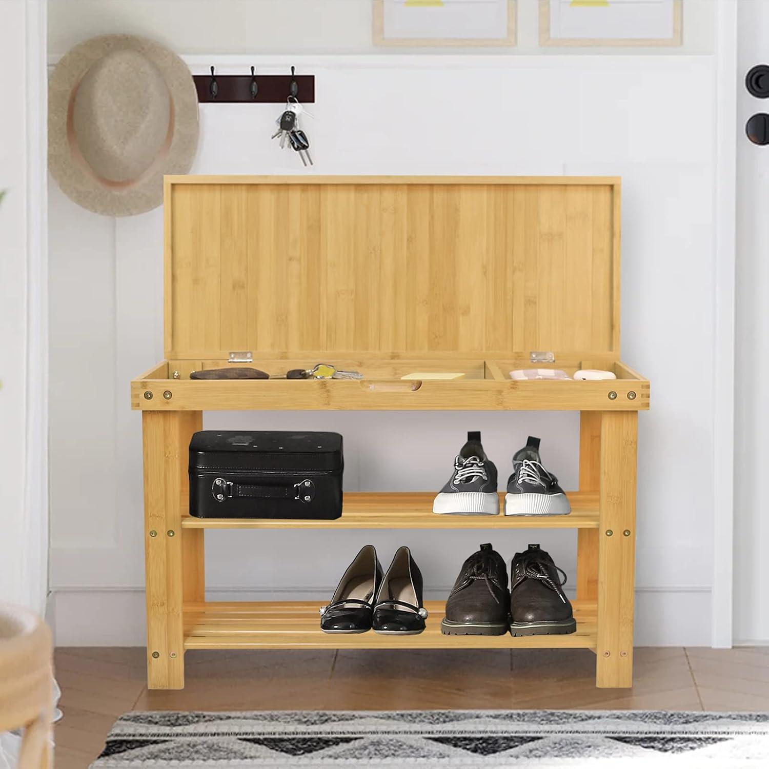 Natural Bamboo Shoe Rack Storage Bench with Drawer