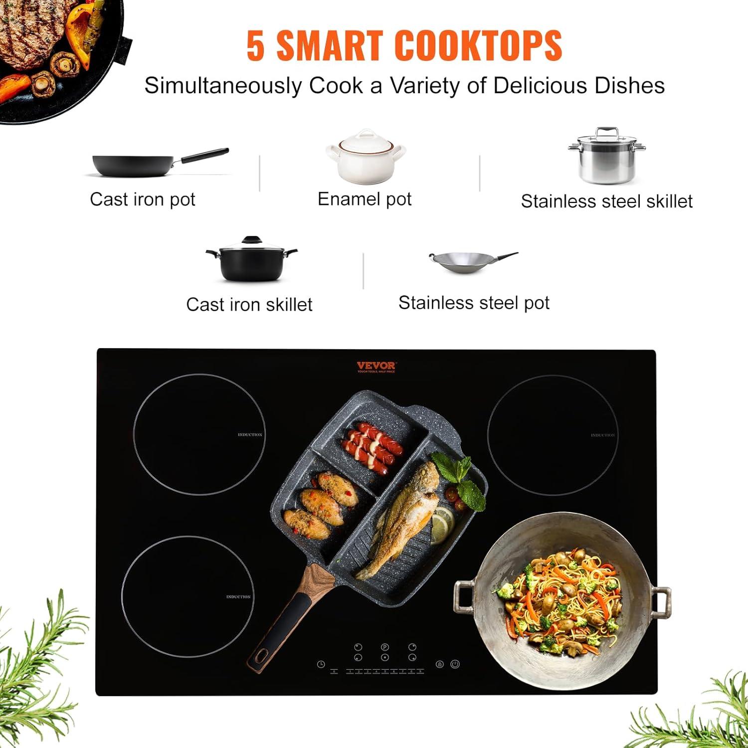 30-Inch Black Ceramic 5-Burner Induction Cooktop with Touch Control