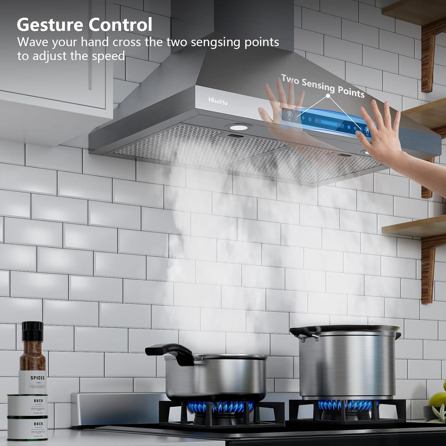 HisoHu Wall Mount Range Hood with Ducted/Ductless Convertible Duct, 30 Inch 780 CFM Stainless Steel Vent Hood, 4 Speed Gesture Sensing Exhaust Hood with Dimmable LED lights(A02-30")