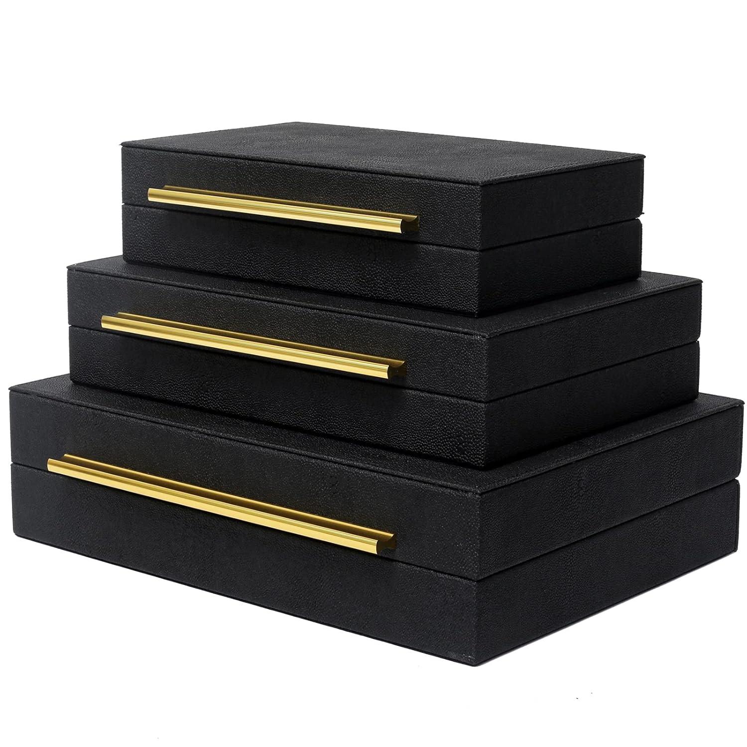 Faux  Leather Decorative Jewelry Storage Nesting Organizer Boxes with Lids Gold Handle Set of 3, Black