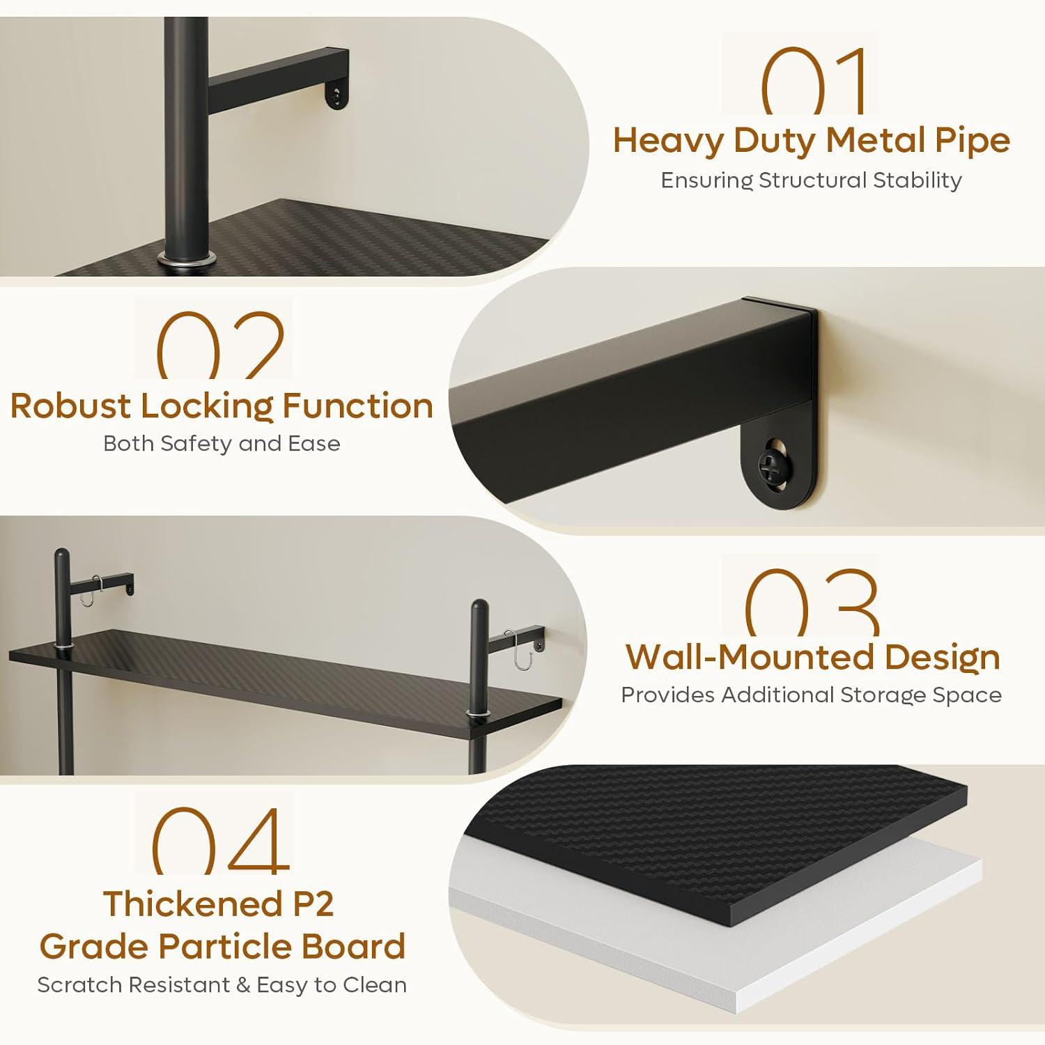 Bestier Gaming LED Floating Shelves for Wall, 41" Wall Mounted Shelf Pipe Glass Shelves, 3 Tier Hanging Display Rack with 8 S-Hooks Towel Bar, Kitchen Gaming Room Wall Decor, Carbon Fiber Black