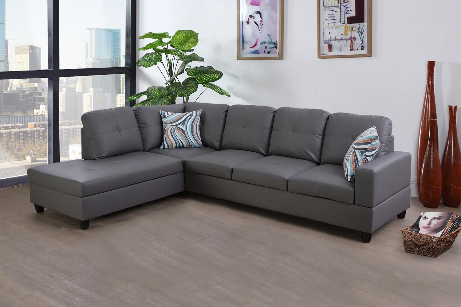 Dark Grey Faux Leather Tufted L-Shaped Sectional Sofa with Ottoman