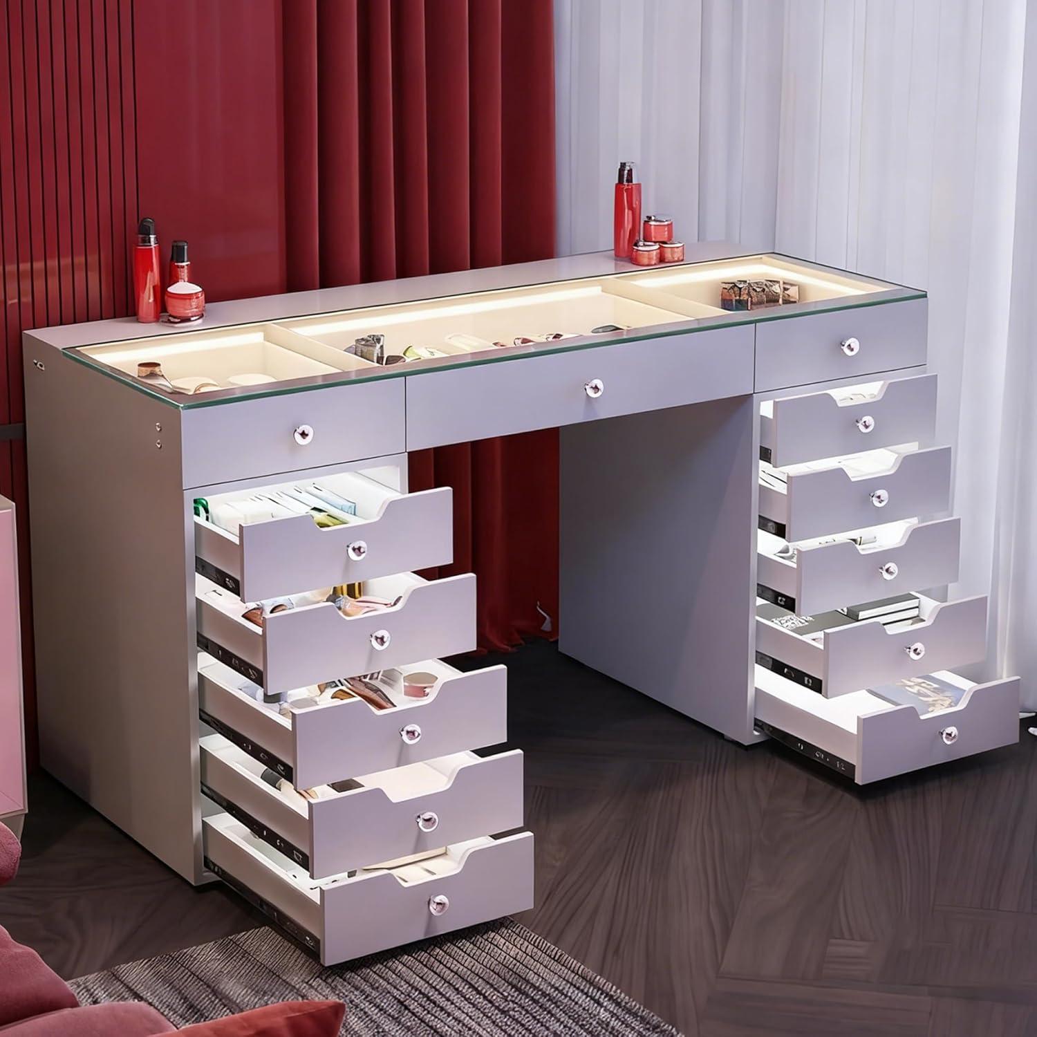 White 60" Vanity Desk with 13 Drawers and LED Lighting