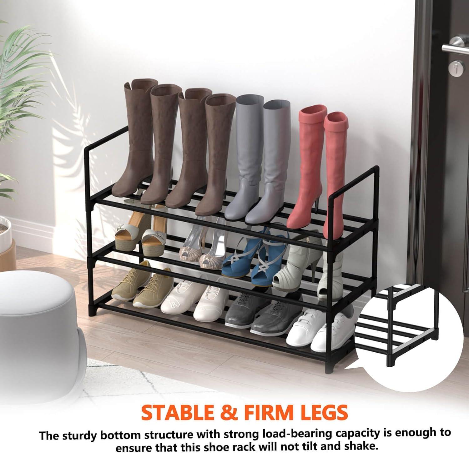 YASONIC Shoe Rack Storage Organizer, 3-Tier Black Shoe Shelf, 24 Pairs, Iron Poles & Plastic Connectors