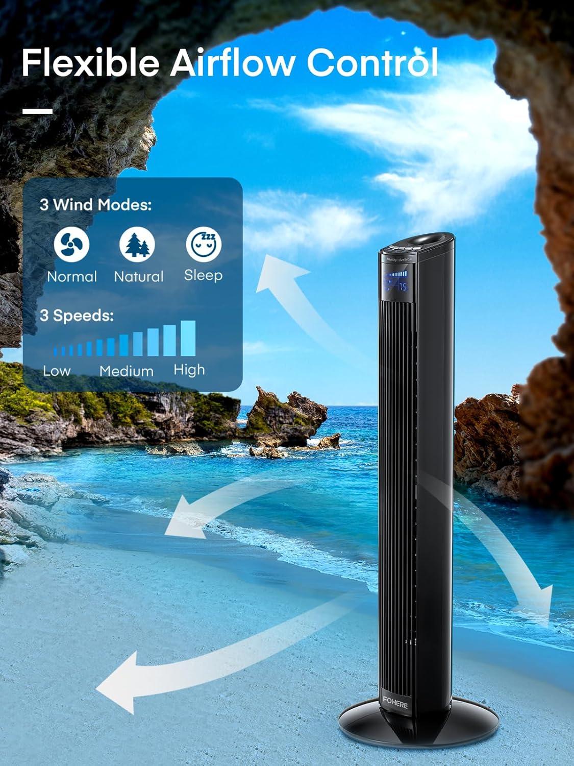 FOHERE Tower Fan, 36" Oscillating Tower Cooling Fan with Remote Control, 12-Hour Timer and Sleep Mode, Portable Stand up Floor Bladeless Fan (Black)