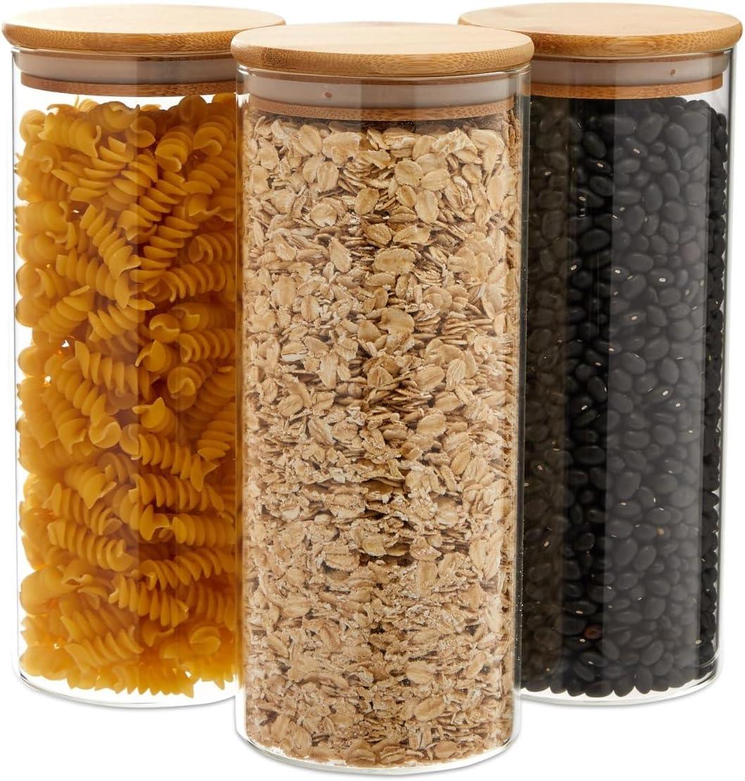 Juvale 3 Pack Glass Storage Containers with Bamboo Lids, Airtight Canisters for Pantry (32.5 oz)
