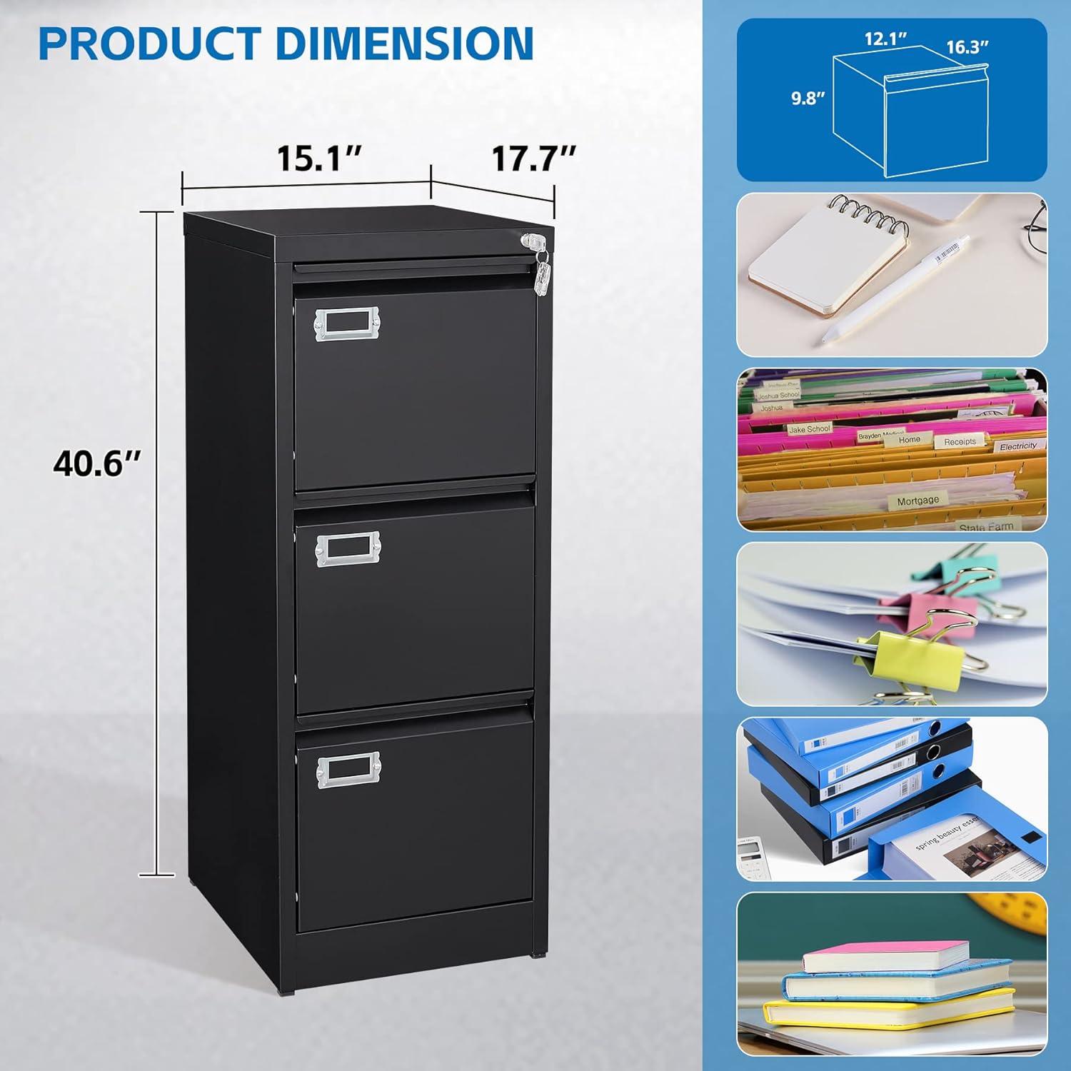 17.8" D File Cabinet, 3 Drawer Metal Filing Cabinets with Lock, Locking Vertical File Cabinet for Letter/Legal/A4/F4 Size, Easy Assemble (Black)