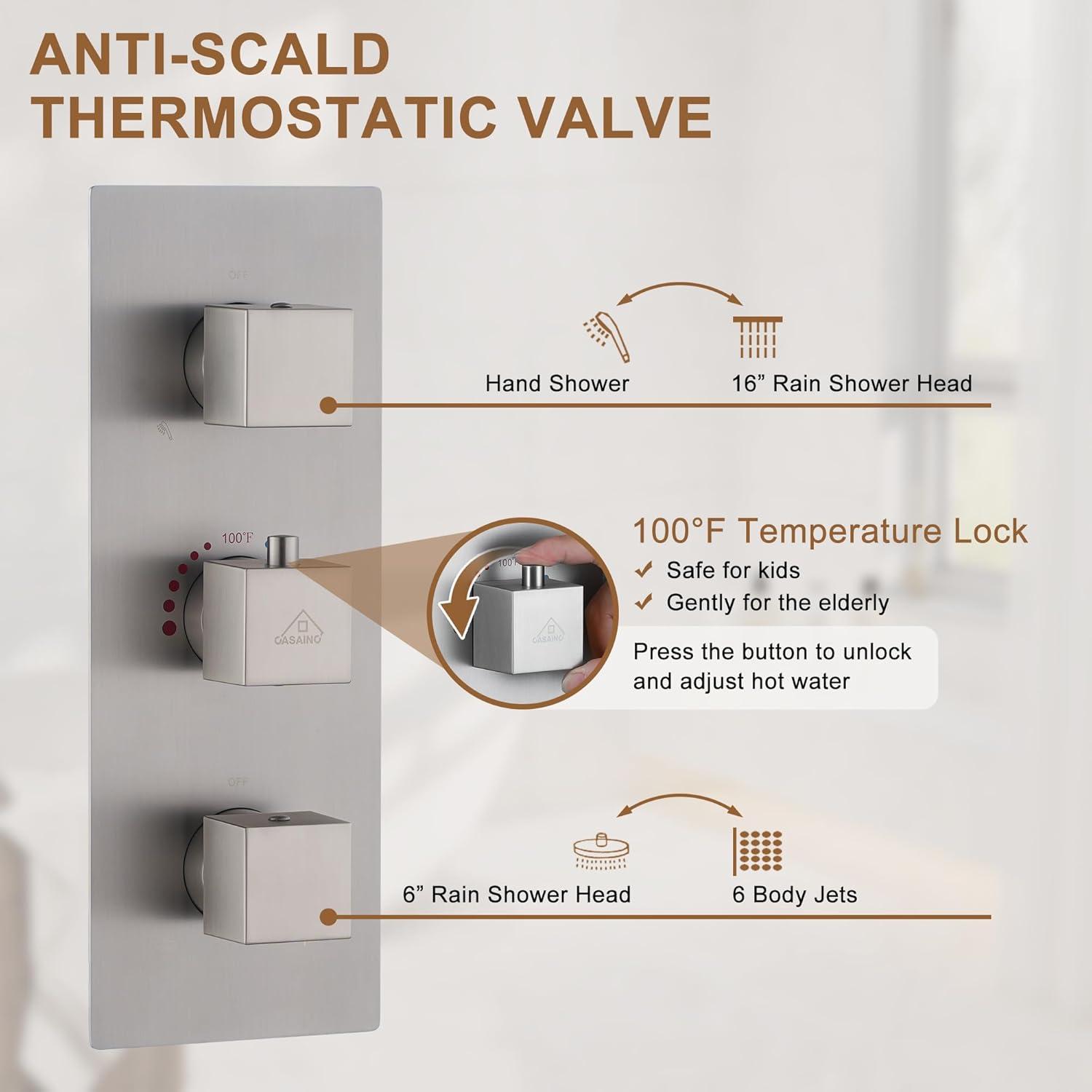 16" Brushed Nickel Ceiling-Mounted Thermostatic Shower System with Body Jets