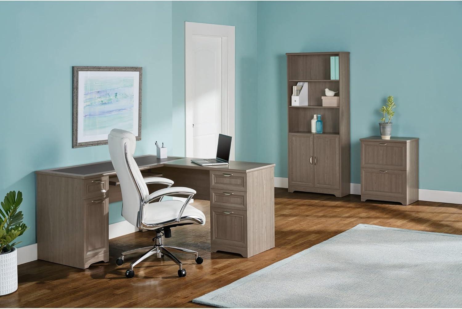 Modern Gray L-Shaped Corner Computer Desk with Keyboard Tray and Drawers