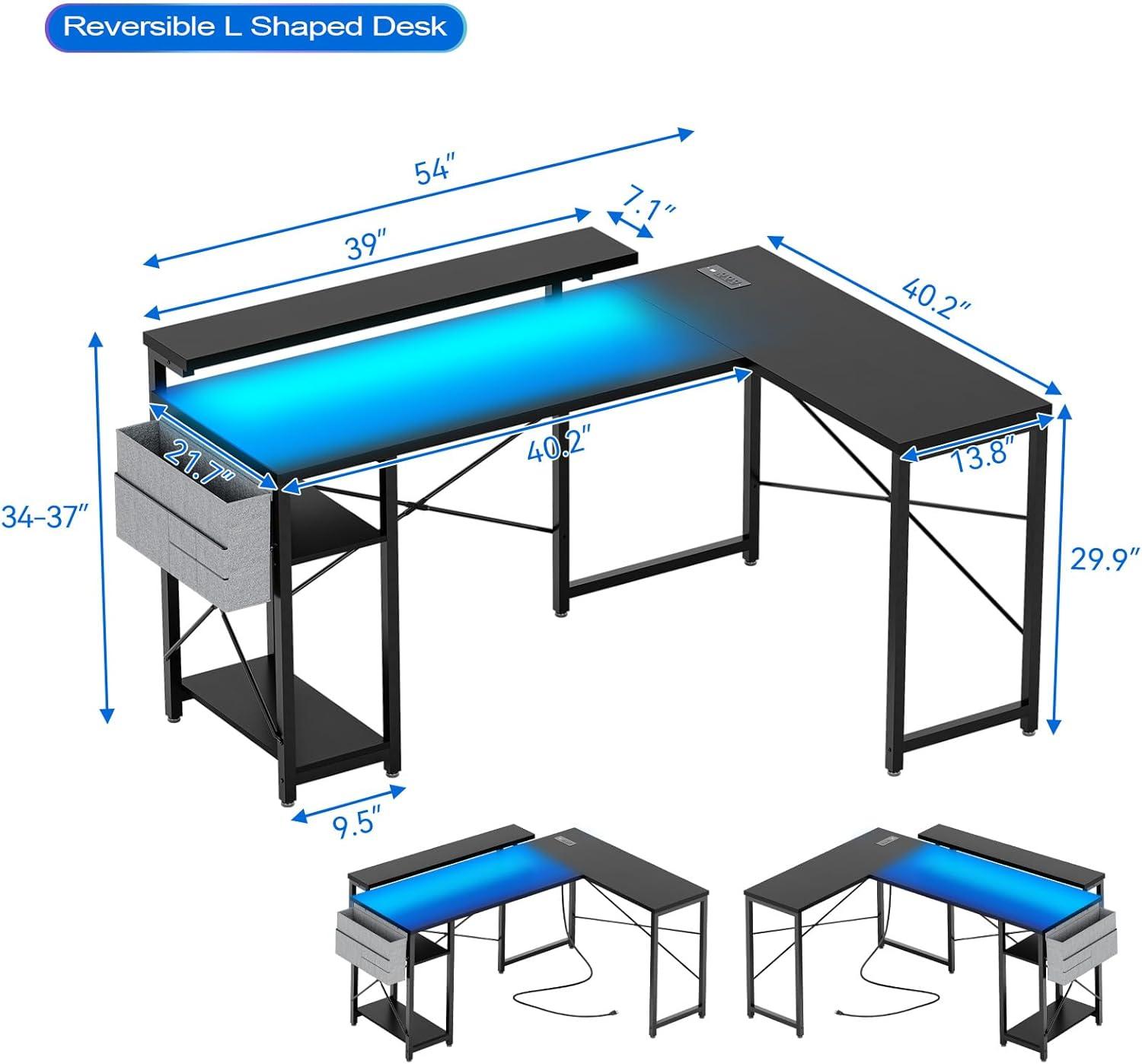 Danolapsi L Shaped Computer Gaming Desk with Power Outlet & LED Light,54 Inch Reversible Modern Office Corner Computer Desk,Corner Desk Home Office Desk with USB Charging Port & Storage Bag