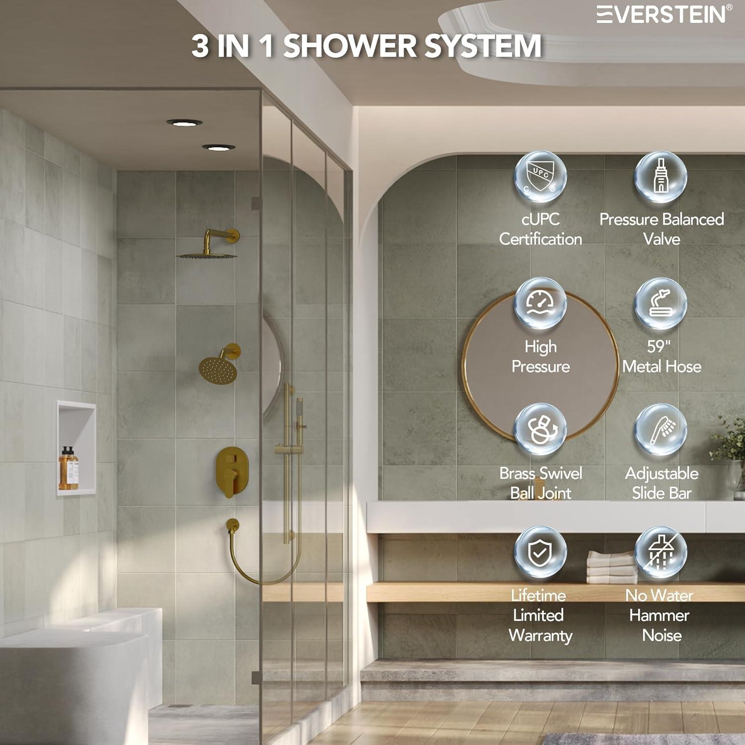 DualJetSpa 3-Function Round 10" & 6" Dual Shower Faucet System with Pressure Balancing Rough-In Valve