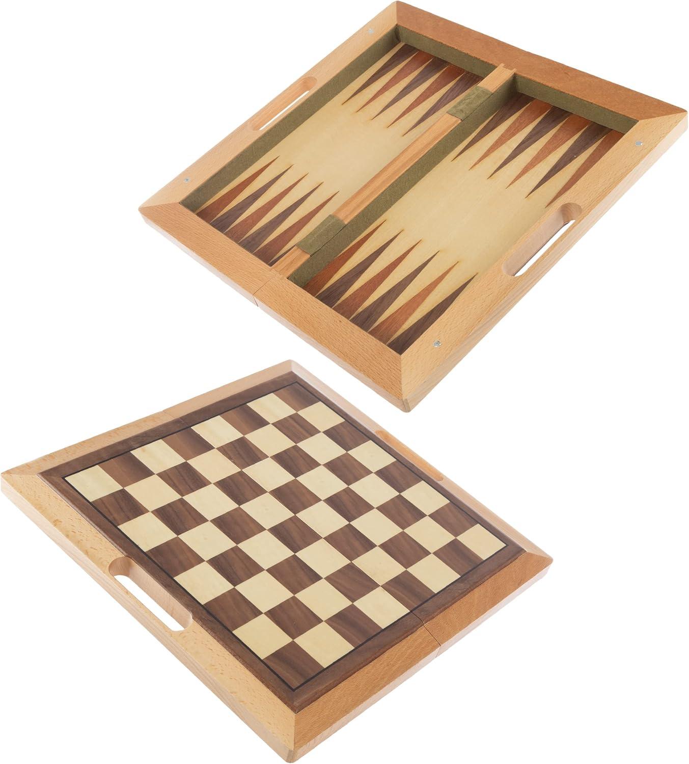 Deluxe Wooden Chess, Checker and Backgammon Set, Brown