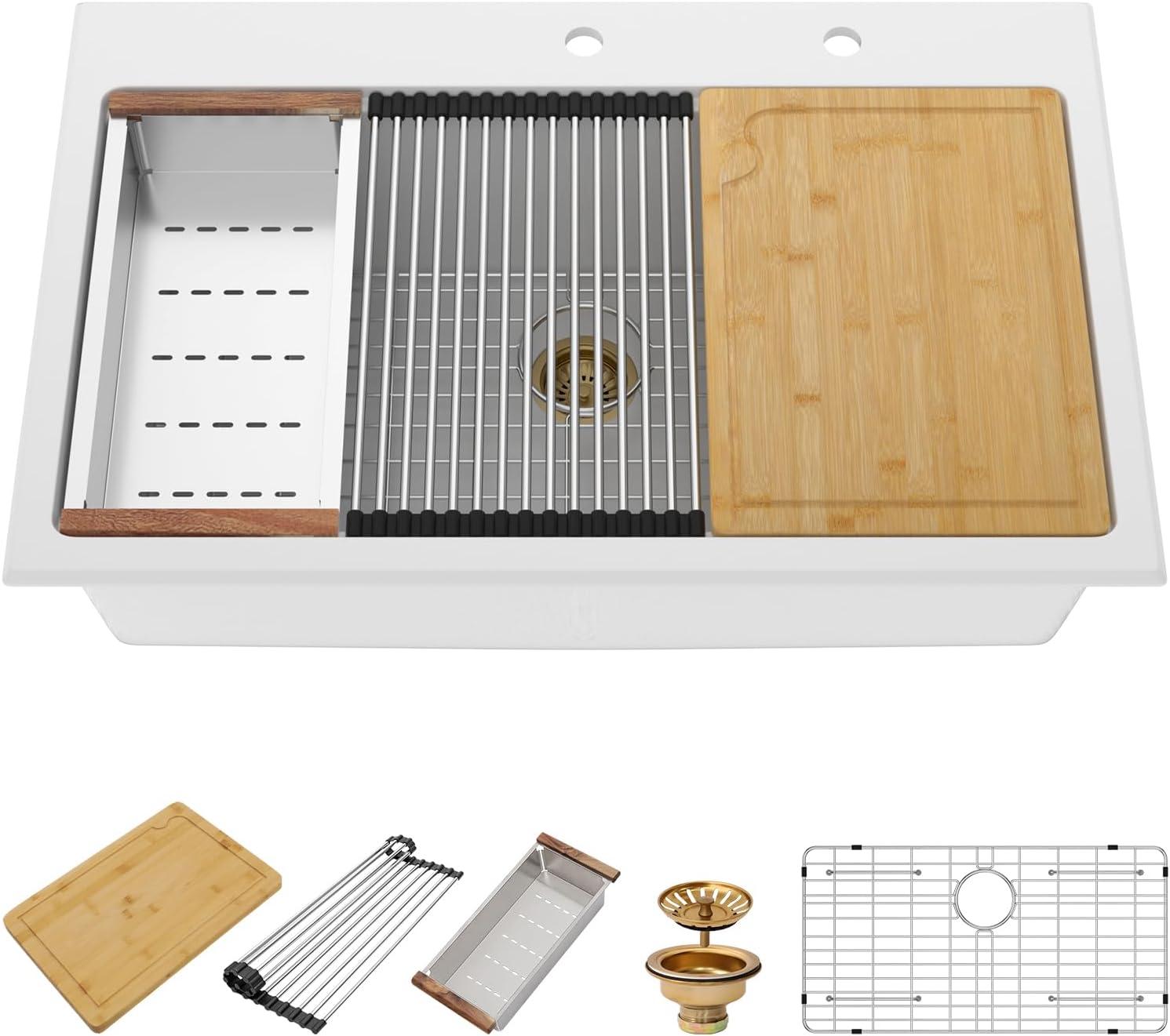 33-Inch White Quartz Drop-In Workstation Kitchen Sink with Accessories