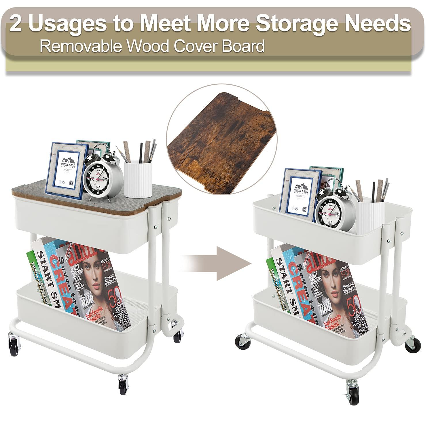 Melody House 2 Tier Metal Utility Rolling Cart Storage Organizer with Cover Board, Mobile Trolley Sofa Side Table with Wheels for Office Home Kitchen Organization, White