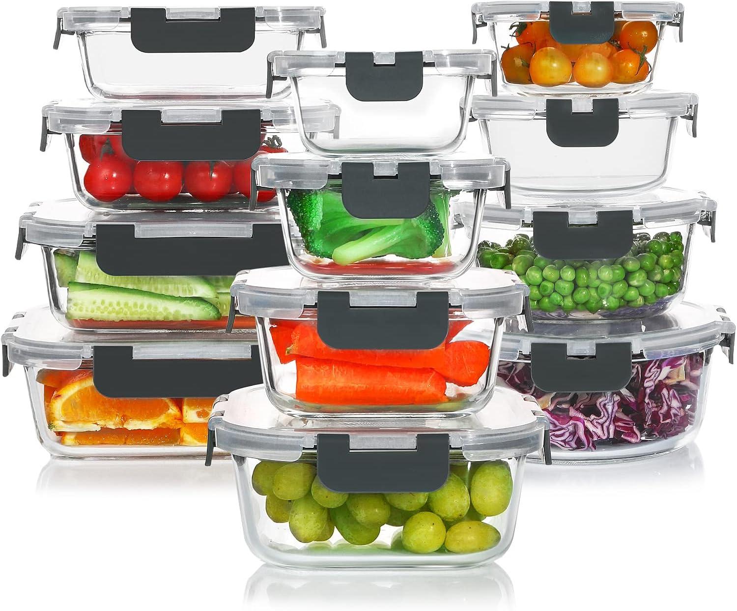 24-Piece Gray Glass Meal Prep Storage Container Set with Lids