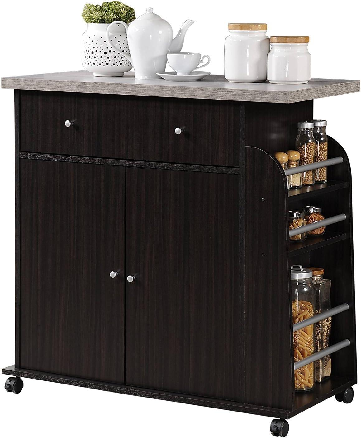 Elegant Chocolate Brown Wheeled Kitchen Island with Spice & Towel Rack