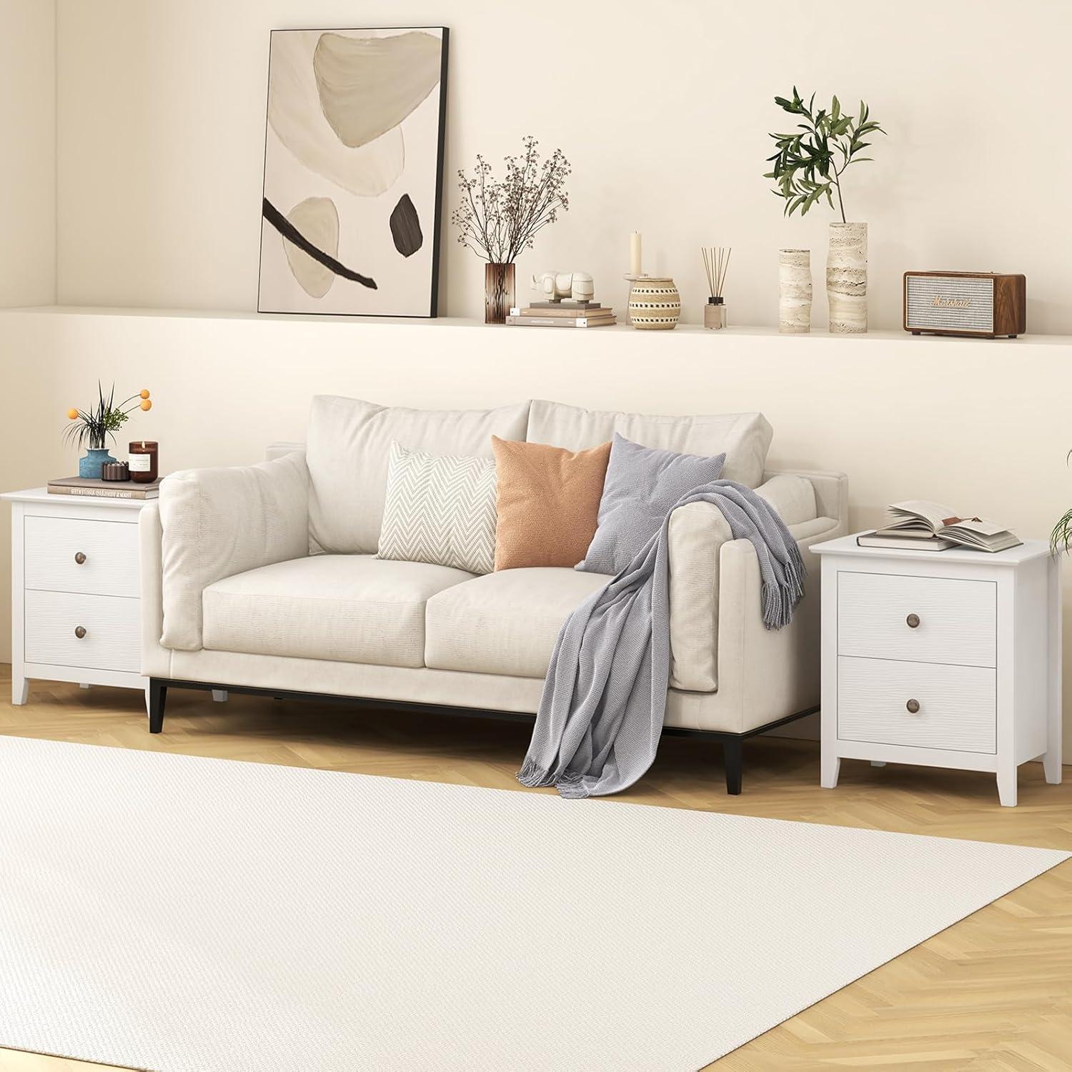 Tangkula Modern Nightstand with Storage 2 Drawers & Support Legs for Bedroom White