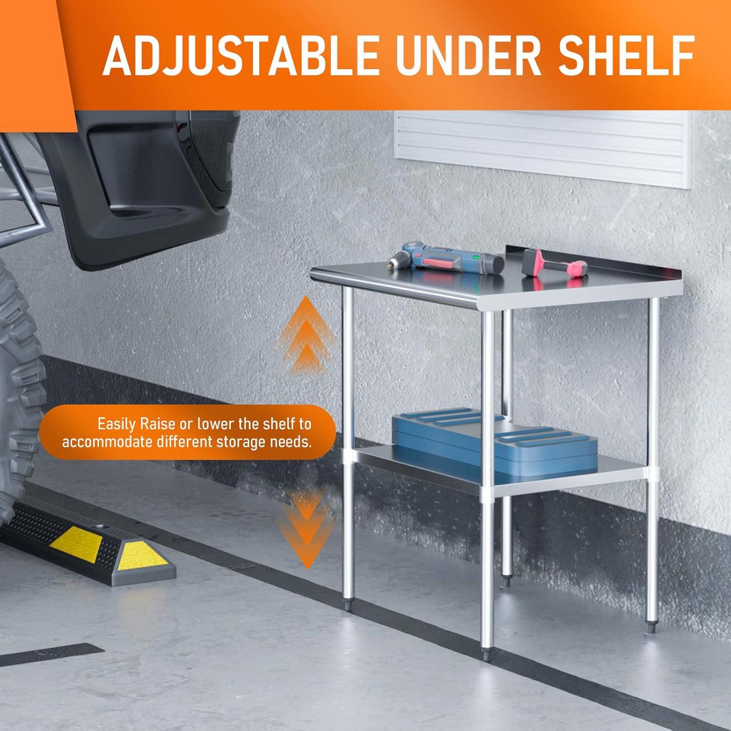 Stainless Steel Table 24" x 30" with Adjustable Undershelf and Backsplash, Commercial Metal Workstations for Kitchen, Garage, Outdoor BBQ