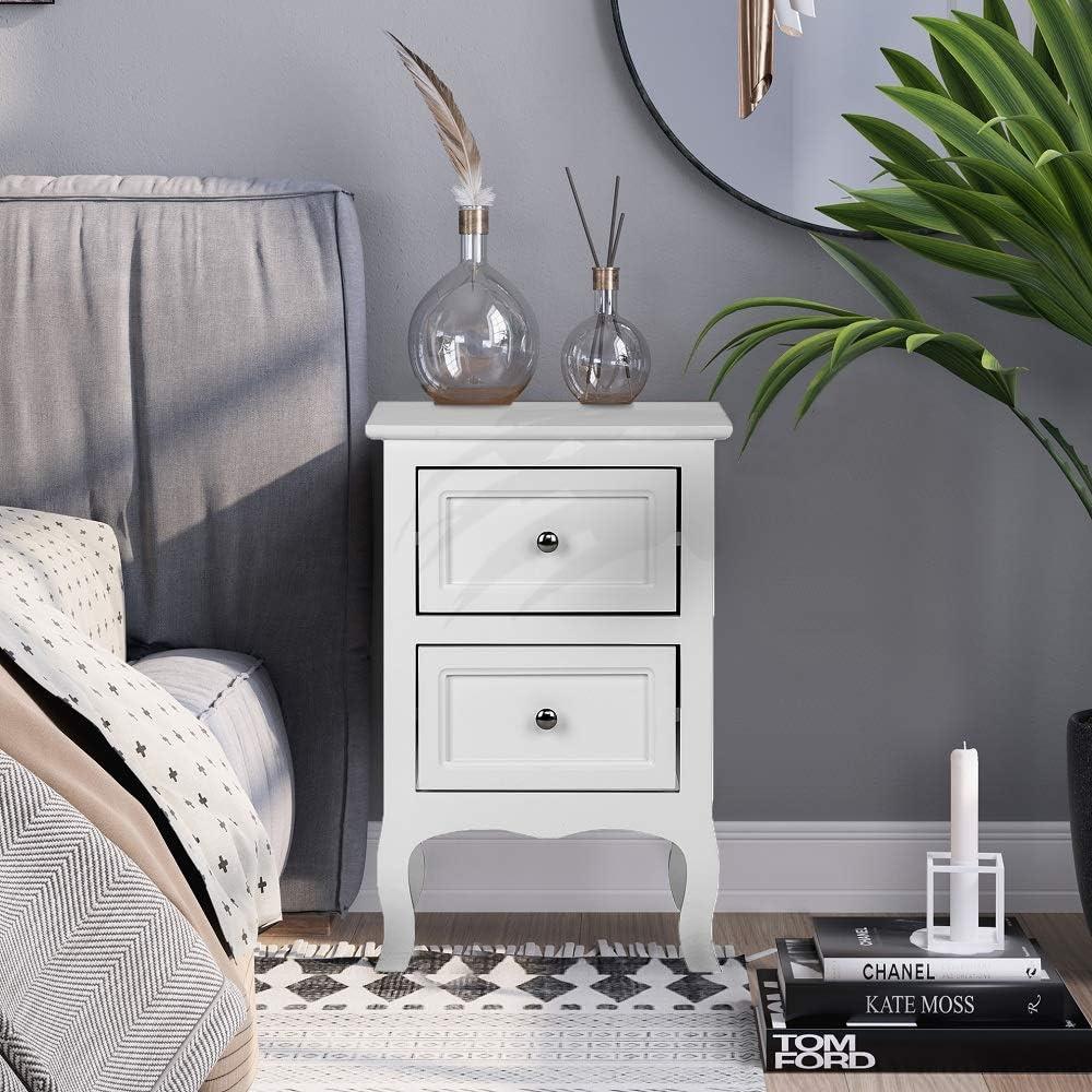 White Wood 2-Drawer Bedside Table Set