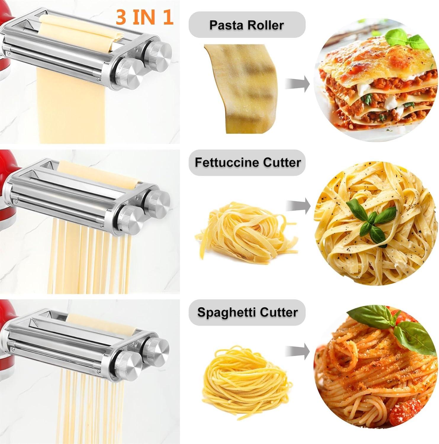 Pasta Maker Attachment for KitchenAid Mixers,3 in 1 Set Included Pasta Sheet Roller, Spaghetti Cutter, Fettuccine Cutter Accessories and Cleaning Brush