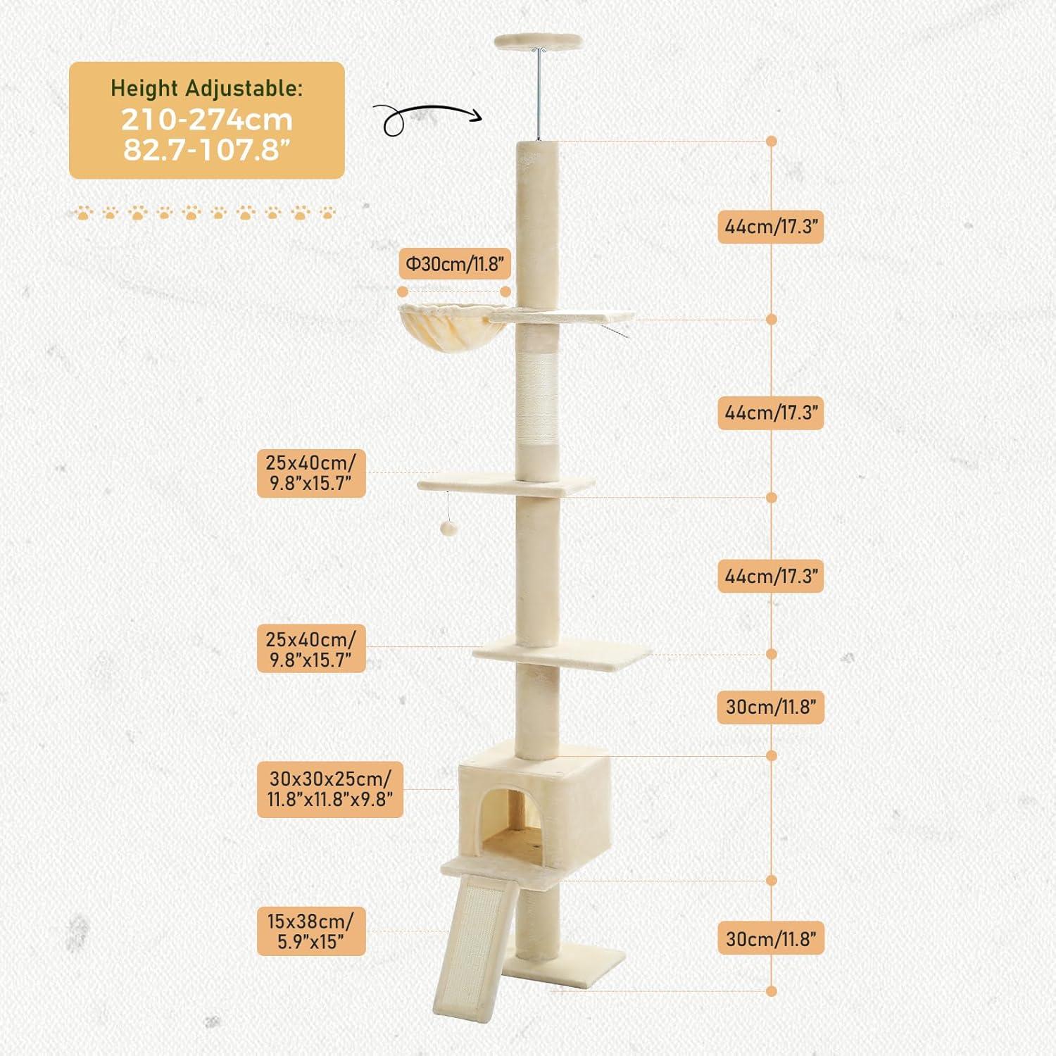 Adjustable Height Floor To Ceiling 5-Tier Tall Cat Tree Tower For Indoor Cats With Cat Condo, Cat Scratching Post And Cat Ladder