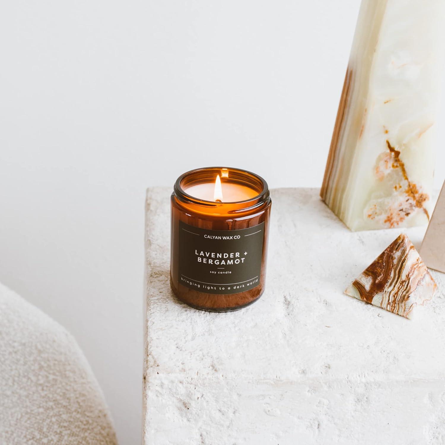 Calyan Wax Co. Soy Wax Candle, Lavender + Bergamot Scented Candle, 57 Hour Burn Time, Aromatherapy Soy Candles, Non Toxic & Vegan Soy Wax, Amber Glass Jar Scented Candles, 7.2oz