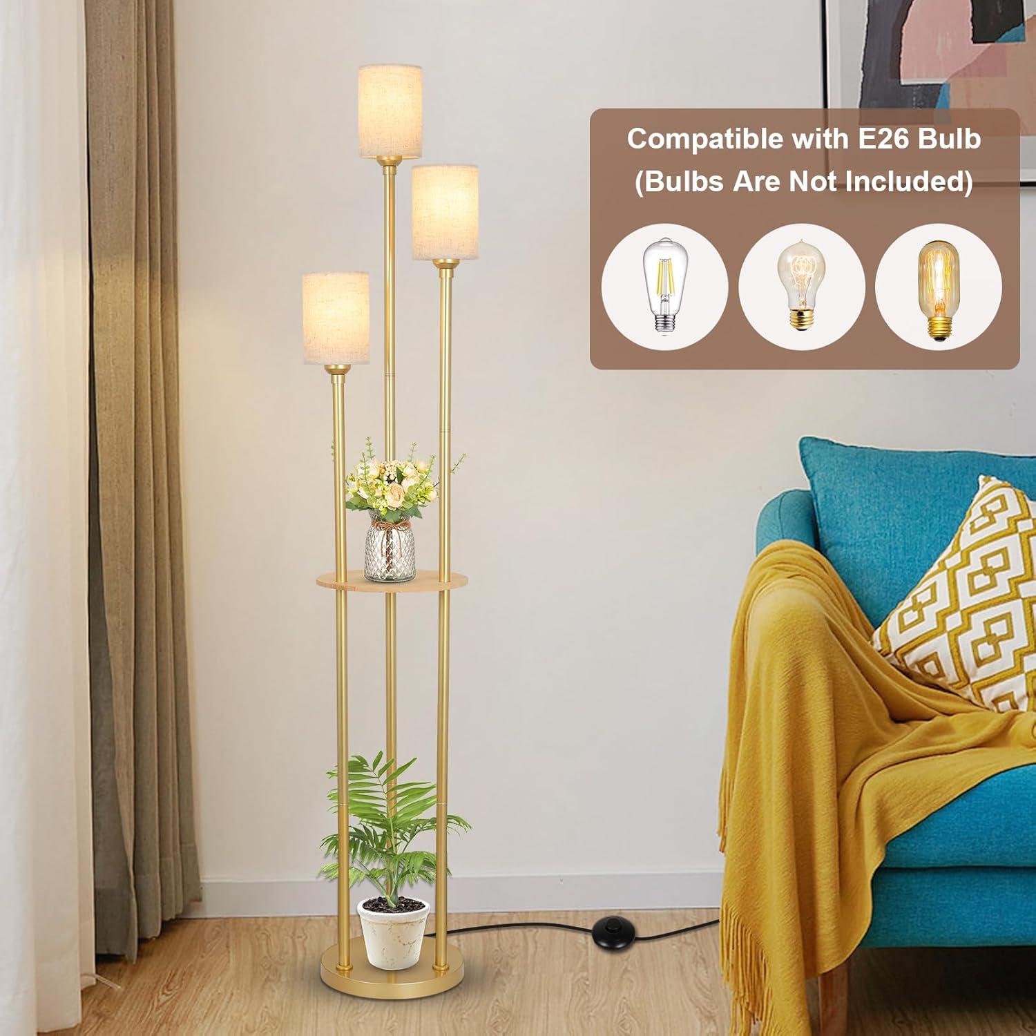 Floor Lamps for Living Room, 3-Lights Modern Floor Lamp with Shelves, Gold Standing Lamp with Fabric Shade and Foot Switch, Shelf Standing Lamps with Table, Tall Table Lamps for Bedroom Office