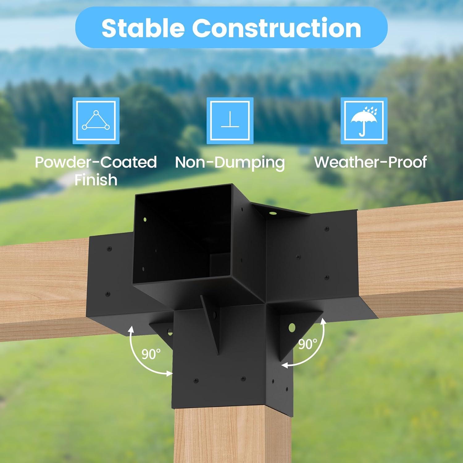 Pergola Kit Elevated Wood Stand Kit Woodwork for 4"x 4" (Actual 3.5" x 3.5"), Solid Steel Wooden Gazebo Kit for Outdoor 4-Way Right Angle Corner Bracket and Base Brackets - Includes Screws