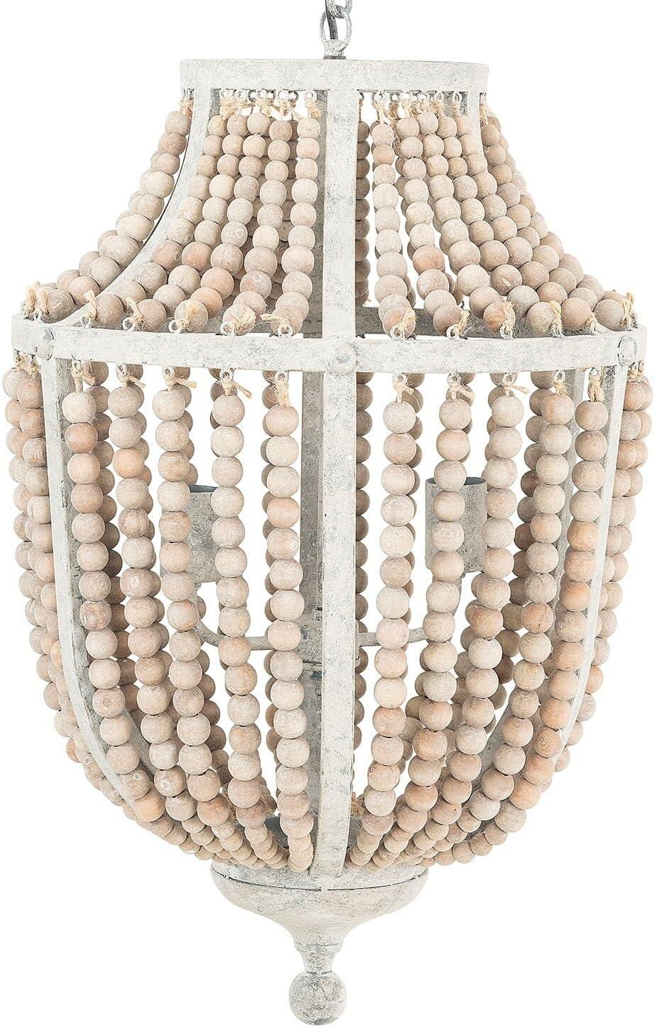 Distressed White Wood Bead & Metal Chandelier for Coastal Charm