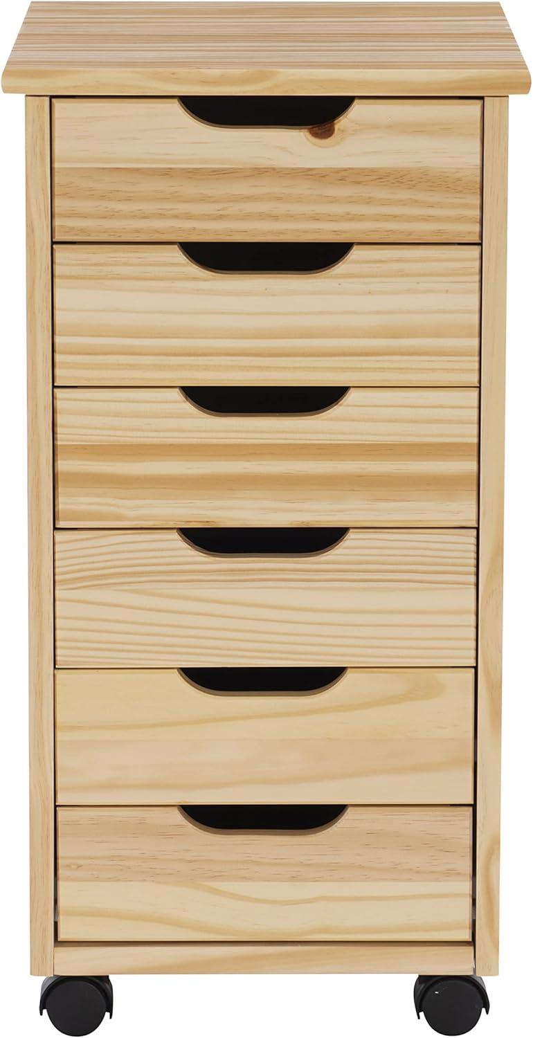 Natural Pine Six Drawer Rolling Storage Cart