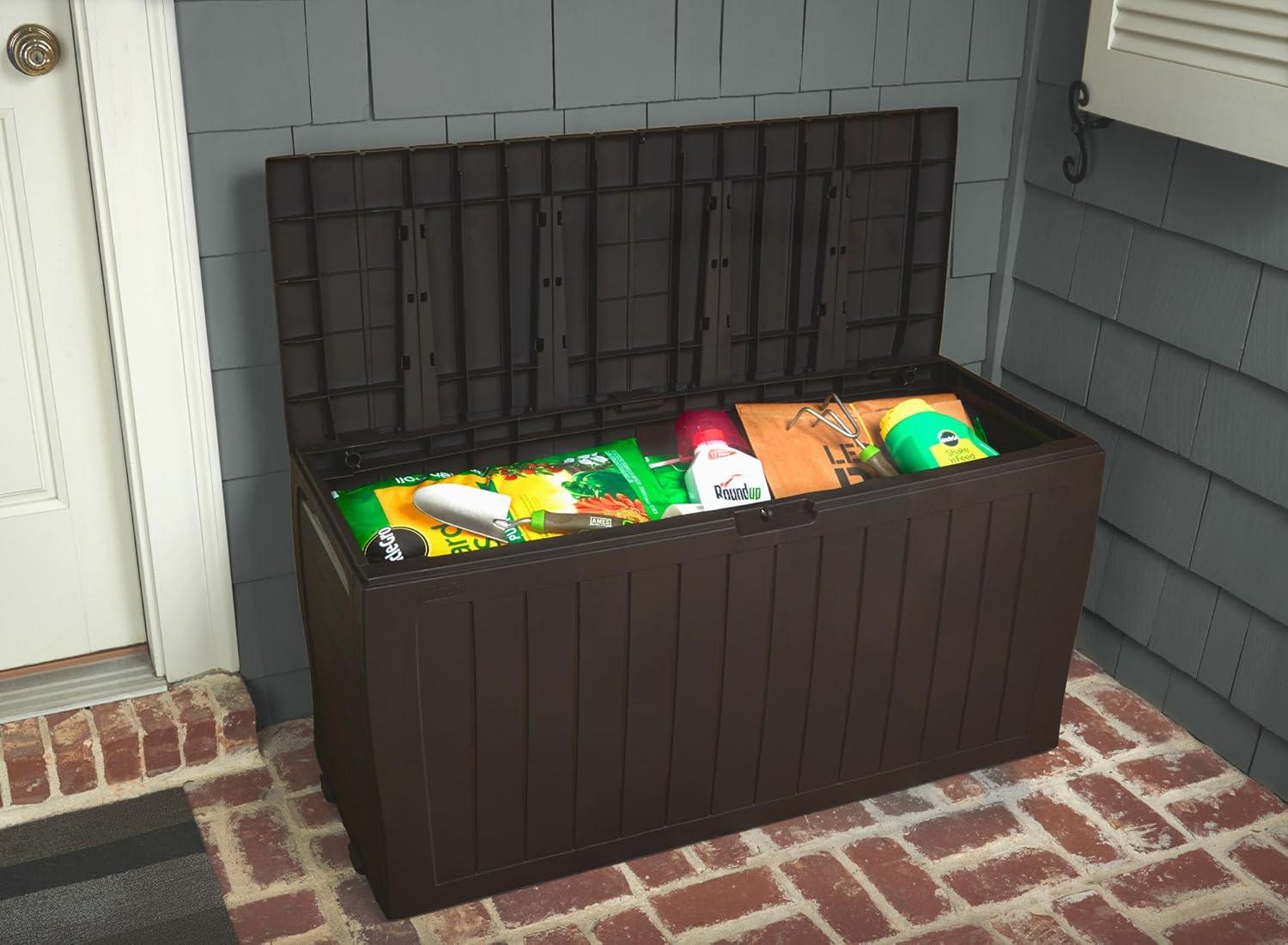 Brown Lockable Plastic Wicker Deck Box with Wheels, 71 Gal