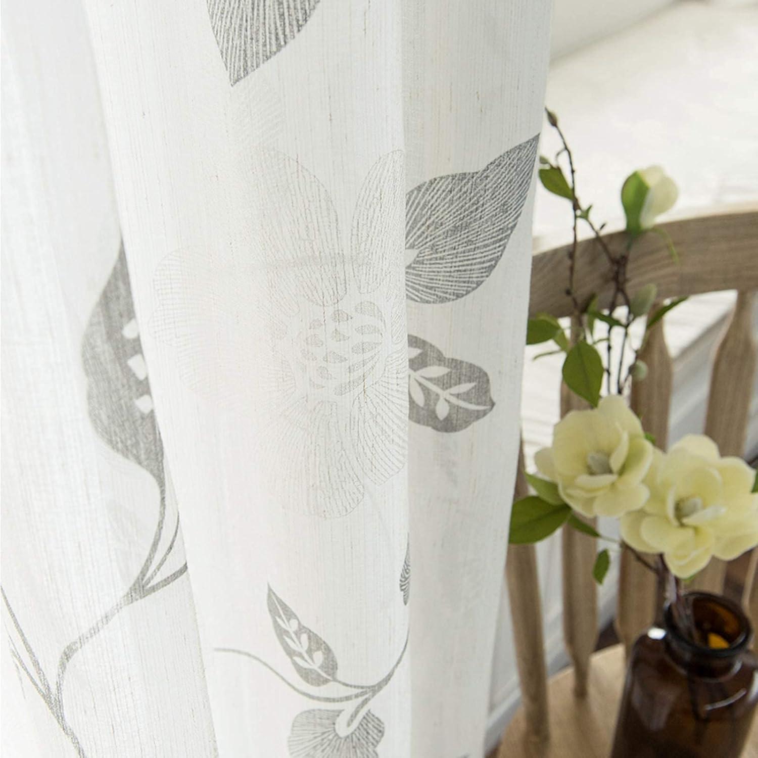 MRTREES Sheer Curtain Panels, Voile Sheer Curtains Drapes Rod Pocket, Flower Printed Embroidery Window Curtain Treatments for Bedroom Living Room Bathroom Window(2 Panels, 54x45 Inches, Olive)