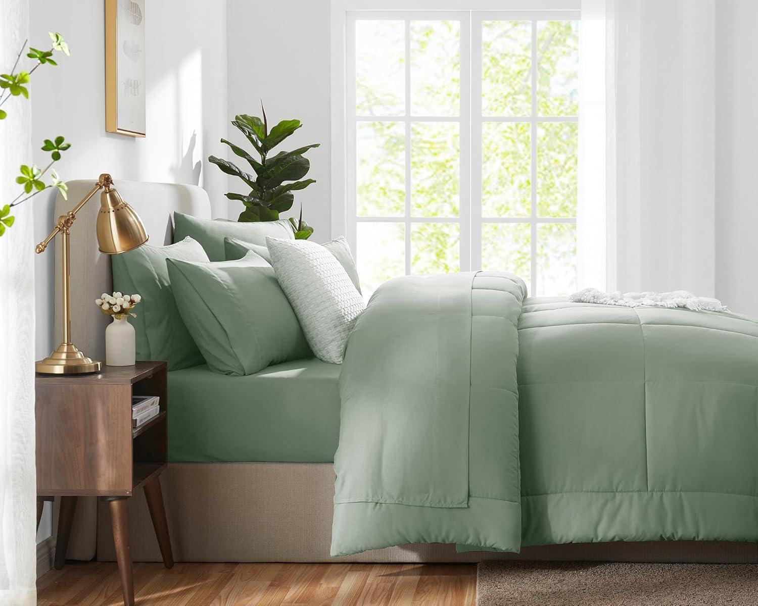 Cozy Comfort Sage Green King Size Comforter Set - 7 Pieces Solid King Bed in a Bag, King Bed Set Sage Green with Quilted Warm Fluffy Comforters, Sheets, Pillowcases & Shams