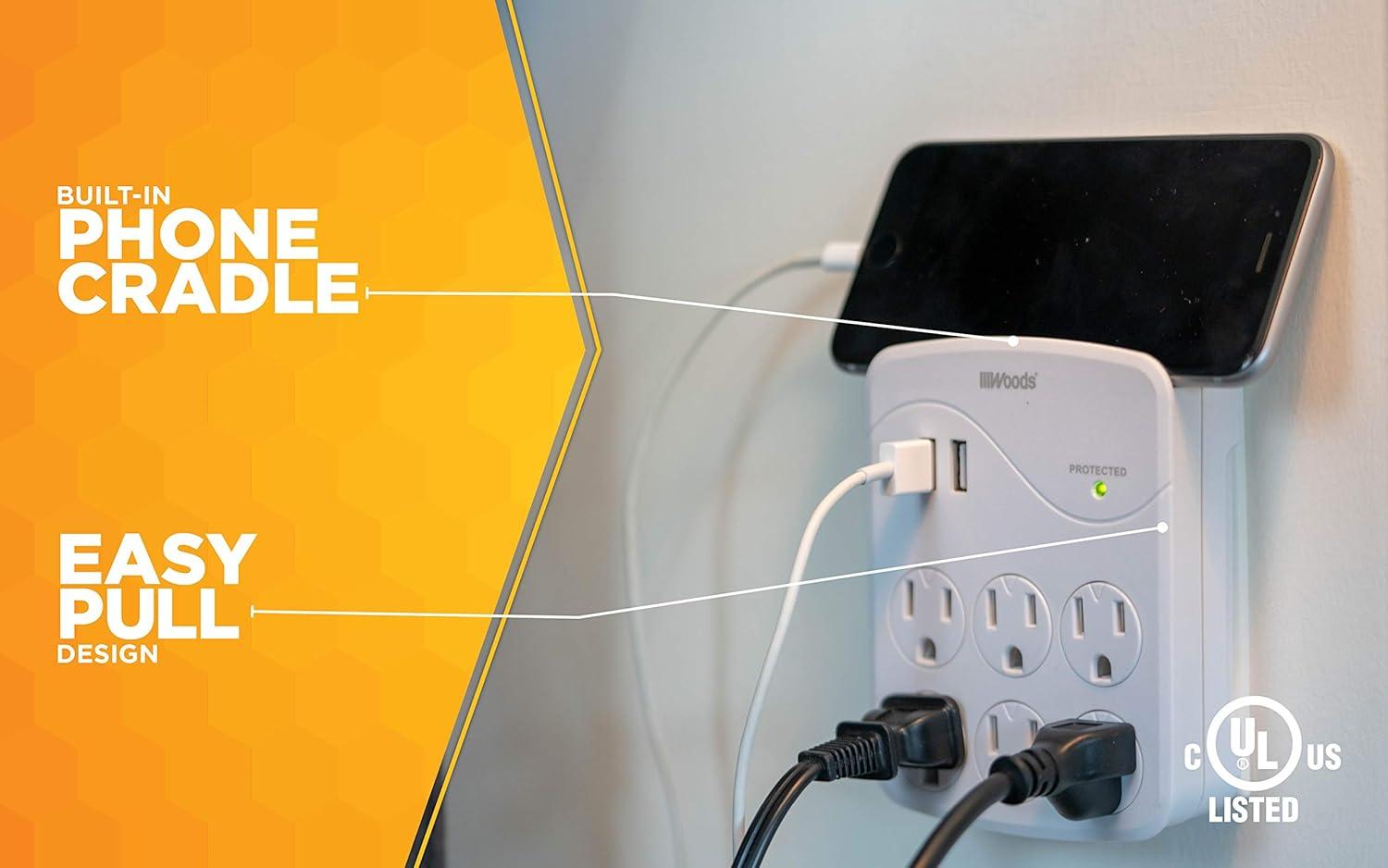Woods 41076 Surge Protector with 6 Power, 6-Outlet 1440J of Protection