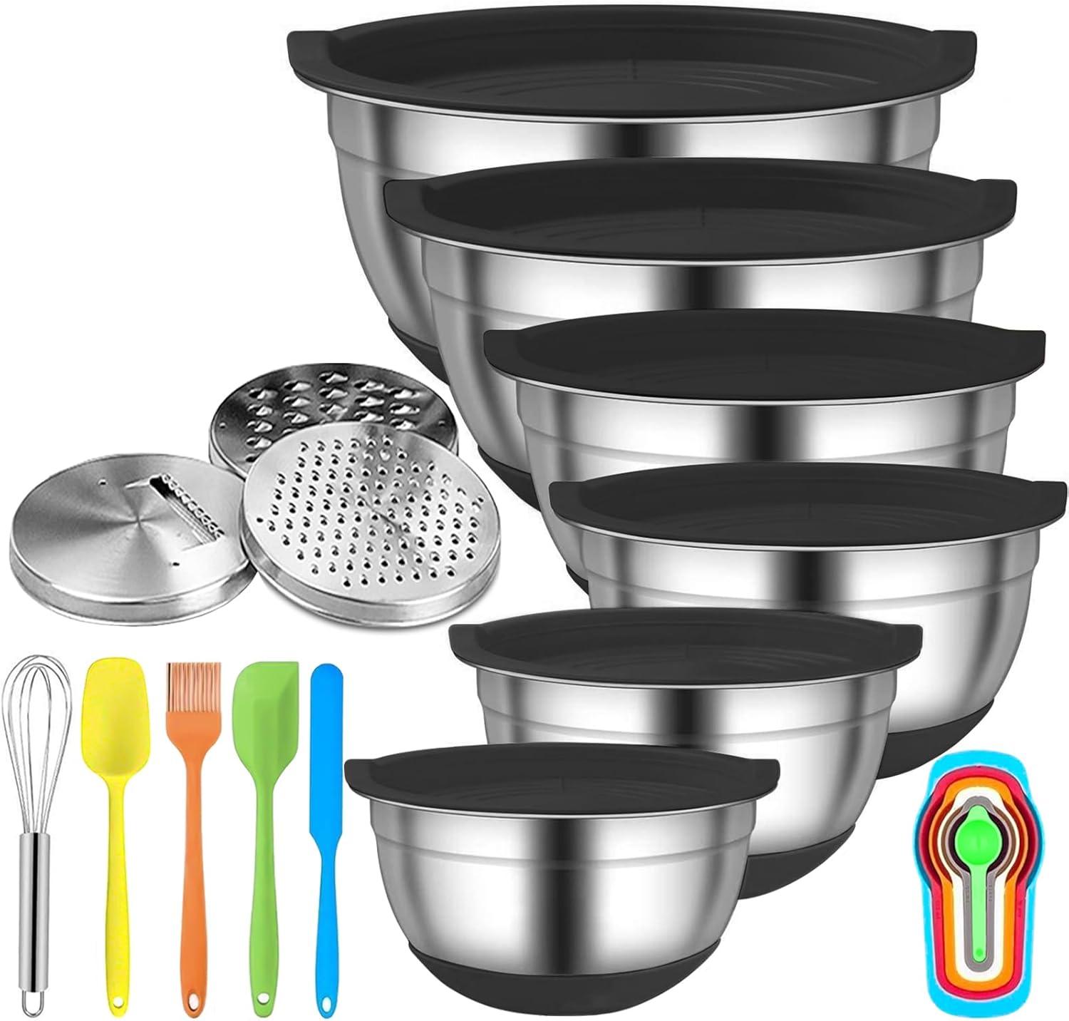 6-Piece Black Stainless Steel Mixing Bowl Set with Lids and Graters