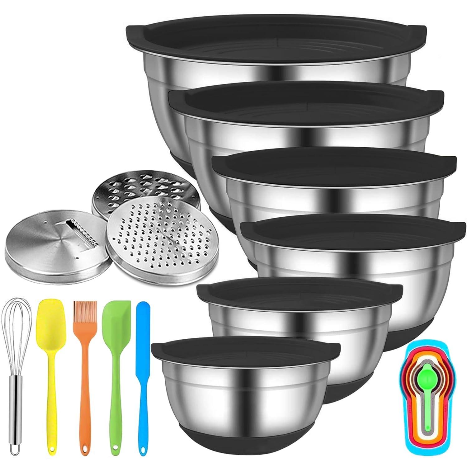 6-Piece Black Stainless Steel Mixing Bowl Set with Lids and Graters