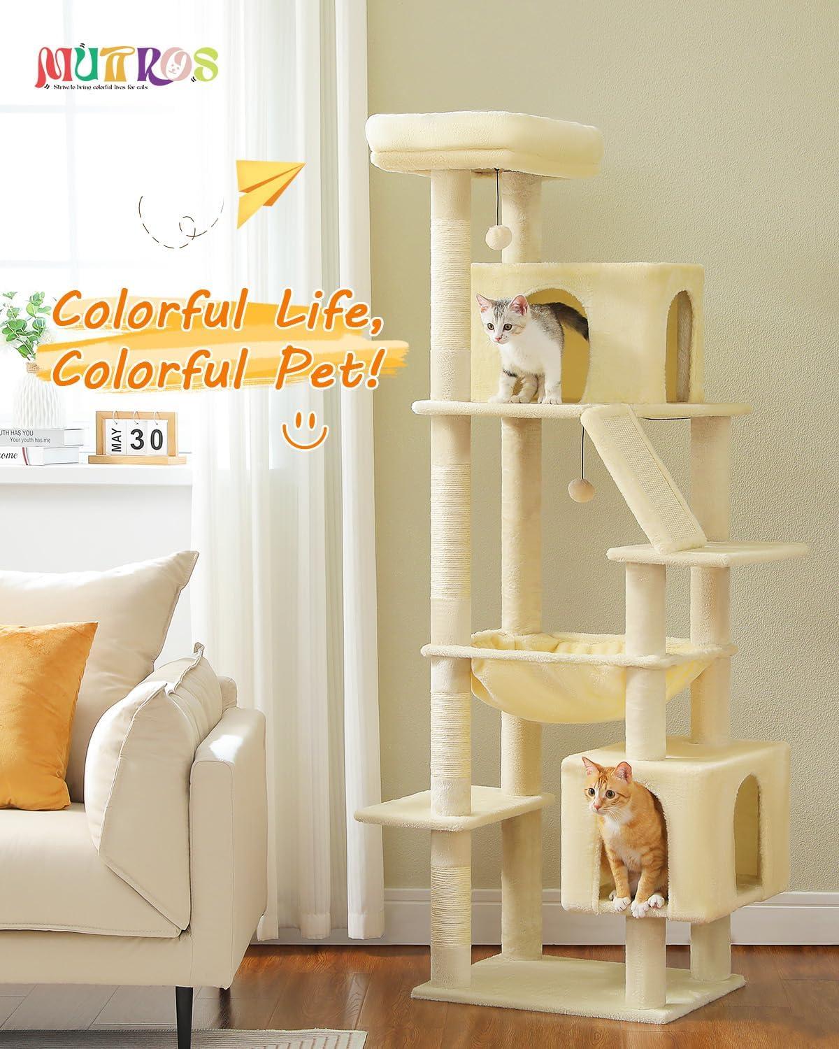 71" Indoor Tall Large Cat Tree Multi-Level Cat House With 2 Big Condo Pad Bed, Cozy Hammock And Scratching Posts