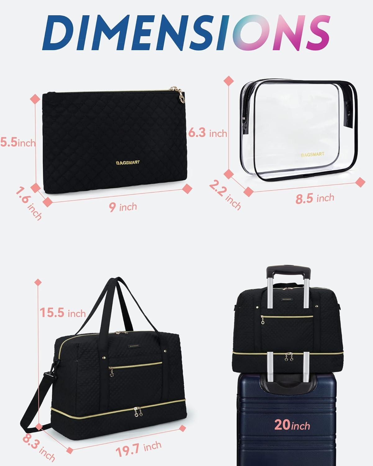 Travel Duffle Bag, BAGSMART 3 Pcs Set Weekender Overnight Bag for Women with Makeup Bag & Clear Toiletry Bag, Carry On Bag with Shoe Compartment for Travel, Business Trips(Black)