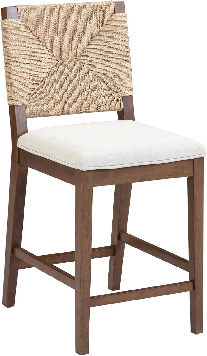 Nathan James Beacon Bohemian Boucle Bar Stool, Upholstered Bar Stool or Island Chairs for Kitchen, Seagrass Counter Height Stool with Back and Solid Wood Legs, Cream Boucle/Dark Brown